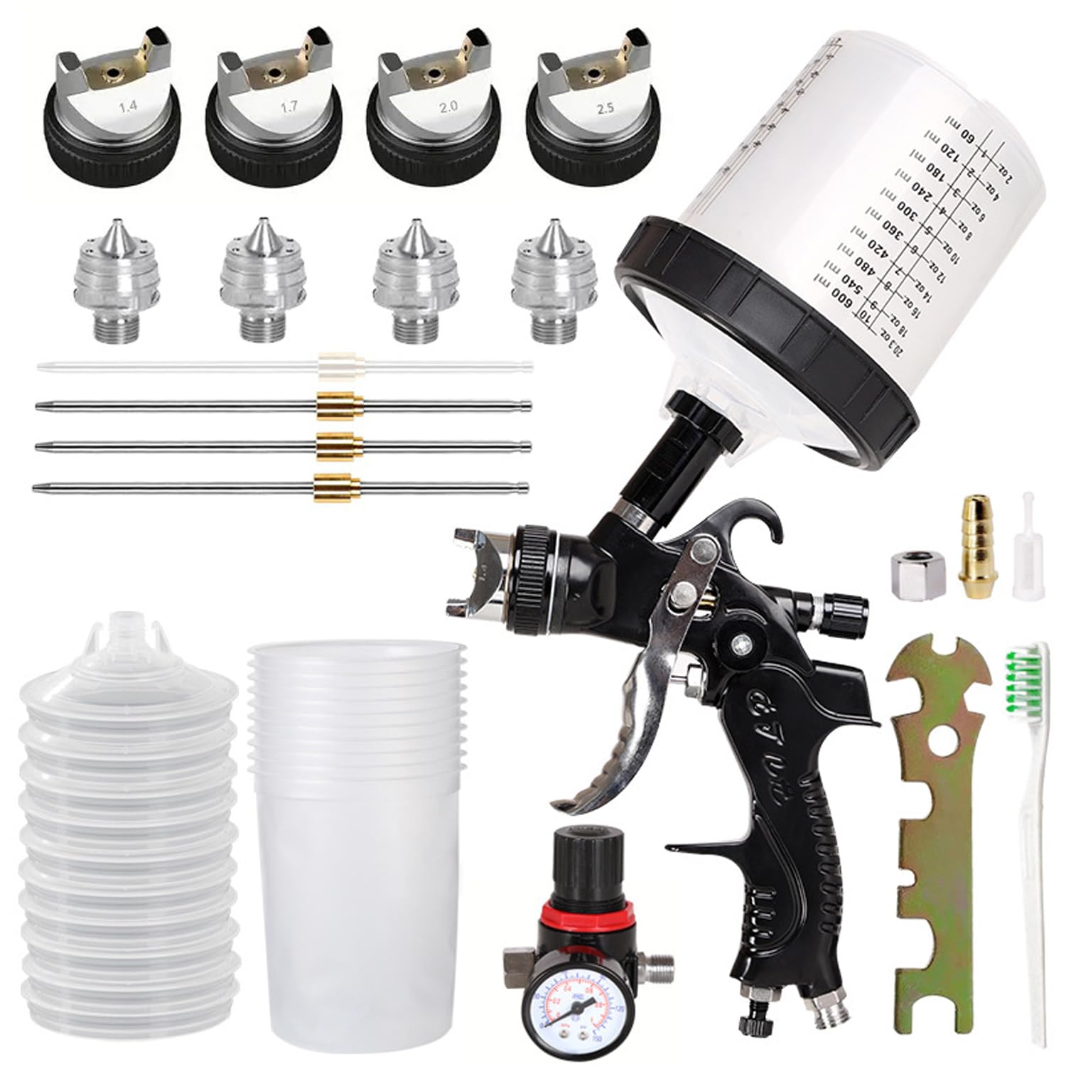 Pistola per Verniciare Pneumatica con 10 Tazze Colorate - Pistola a Spruzzo per Verniciare per Carrozzeria Auto, Kit Completo con 4 Ugelli (1.4/1.7/2.0/2.5mm) e Manometro (Nero)