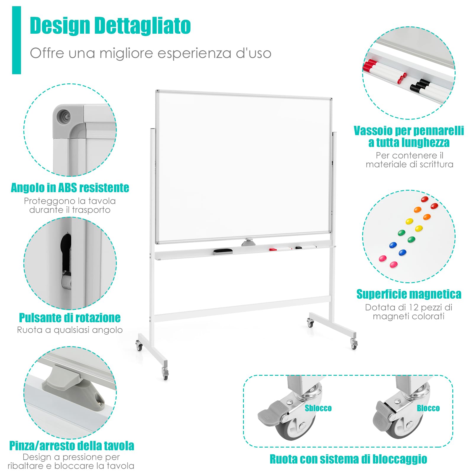 GYMAX Lavagna Magnetica Bianca a Rotolamento, Grande Lavagna Portatile con Supporto, Lavagna Reversibile Veloce, Altezza Regolabile, Lavagna Bifacciale con Ruote per Casa, Ufficio, Scuola, 120 x 90 cm