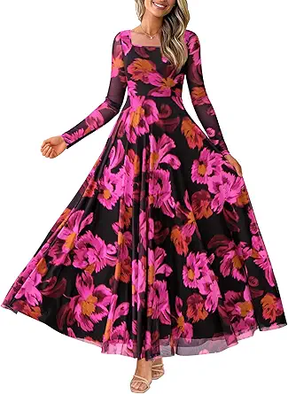 BTFBM Women Maxi Dress Fall 2025 Fashion Elegant Long Sleeve Square Neck Floral Print Party Club Wedding Guest Dresses