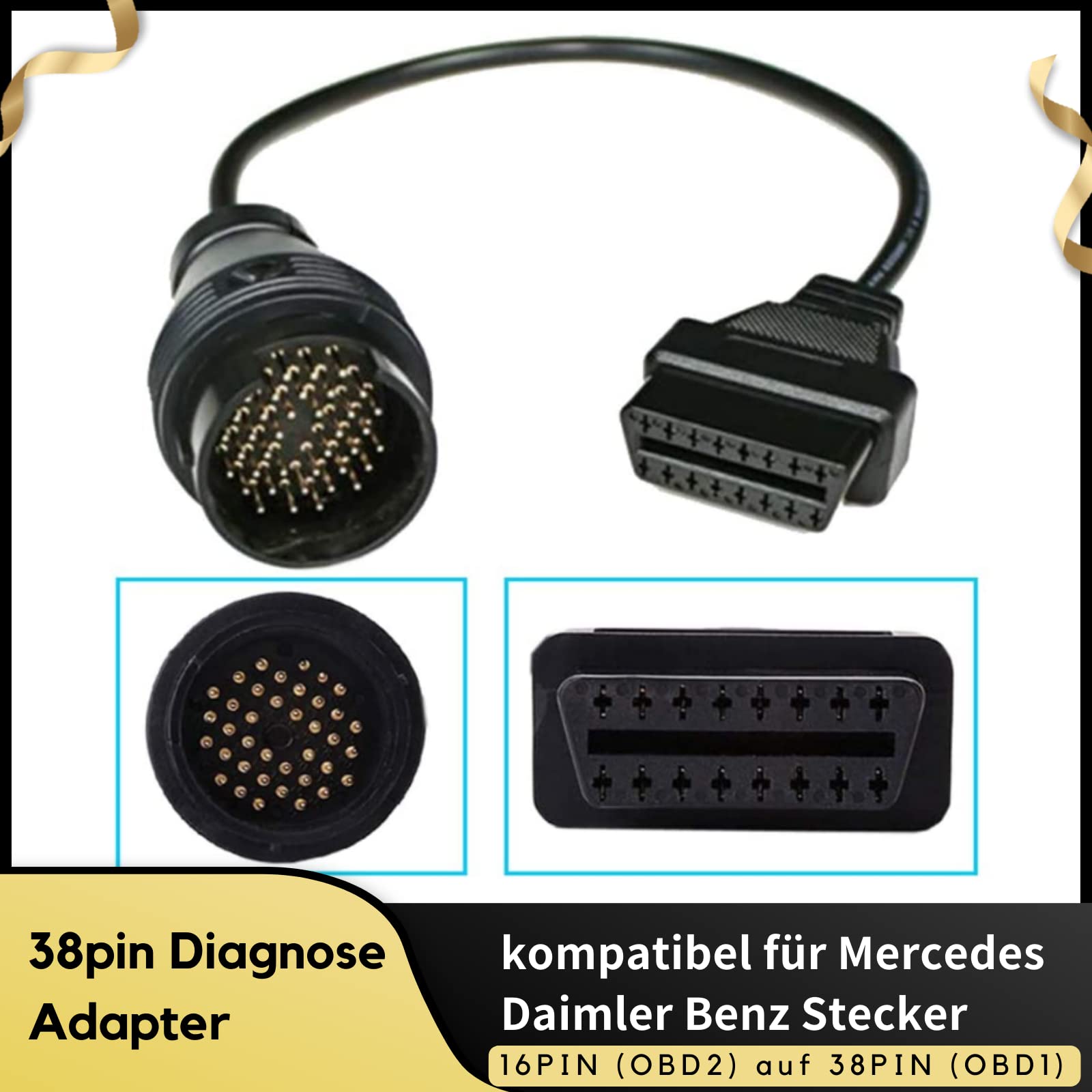 R44C adapter diagnostyczny OBD1 na 16-pinowy OBD2, kabel do pojazdów Mercedes z okrągłą wtyczką – kompatybilny ze starymi modelami – 40 cm kabel połączeniowy do samochodowych urządzeń
