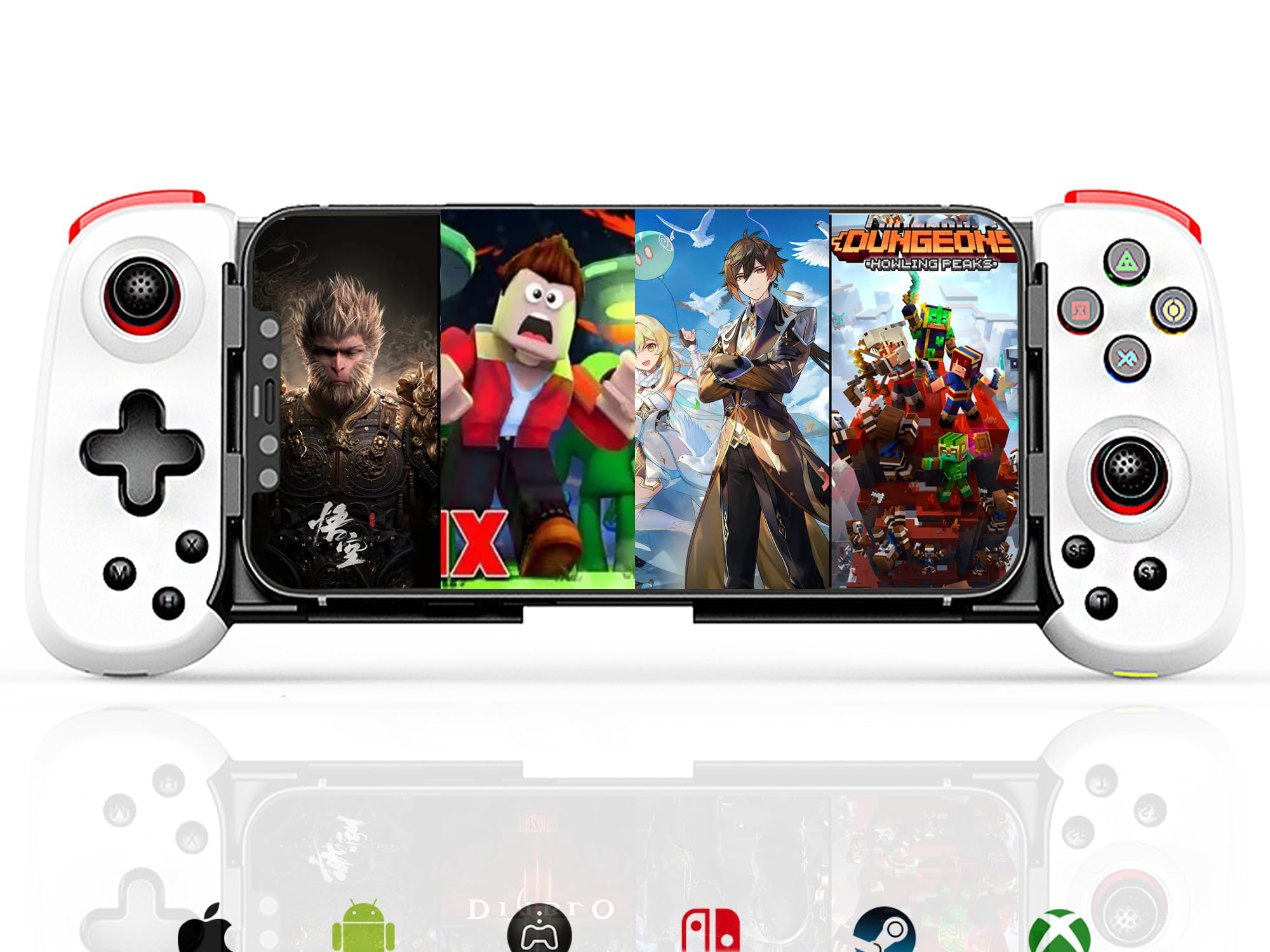 Megadream Controlador de juegos móvil para iOS/Android/Switch/PC,Bluetooth Wireless Gamepad con joystick ajustable, controlador móvil Streaming para Xbox/PS4/PS3, Turbo y vibración, Cloud Gaming