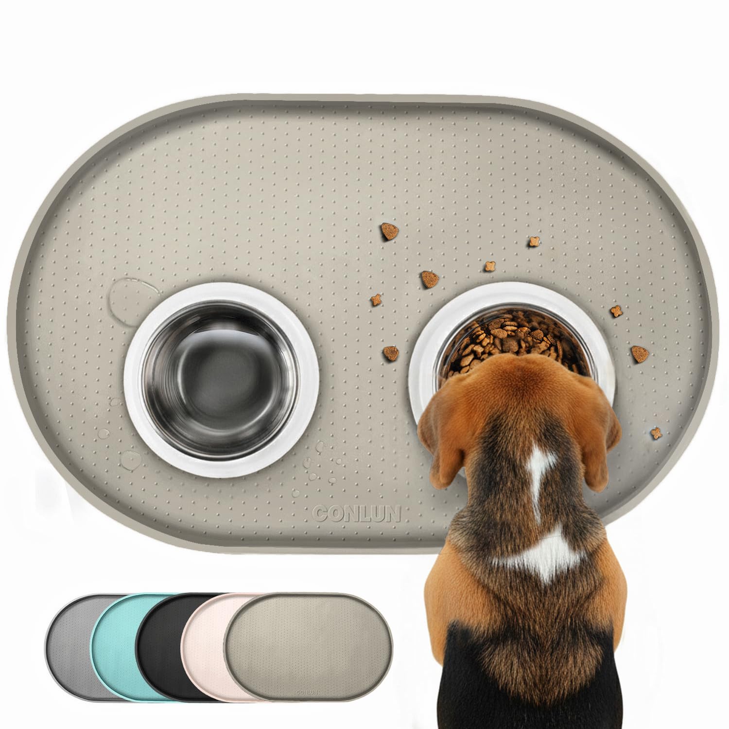 Conlun Tappetino Ciotola Cane, Tappetino Ciotole Gatto con Bordi Rialzati di 1,2 cm per Contenimento Degli Schizzi, Tappetino Silicone per Animali Senza BPA, Sottociotola per Cani(Taupe,81x51 cm)