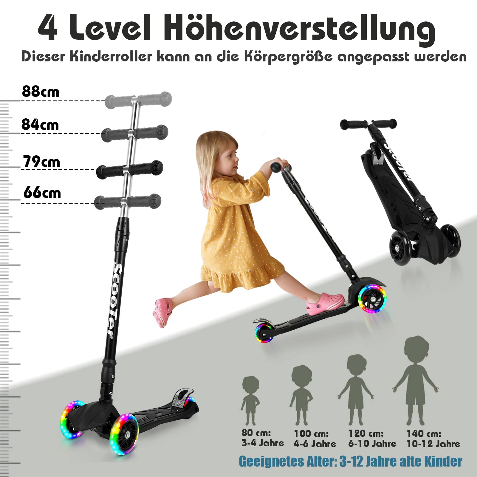 Trottinette à 3 roues pour enfants à partir de 3 à 14 ans - Avec 3 roues lumineuses LED - Hauteur réglable - Pliable - Freins arrière - Maximum 50 kg