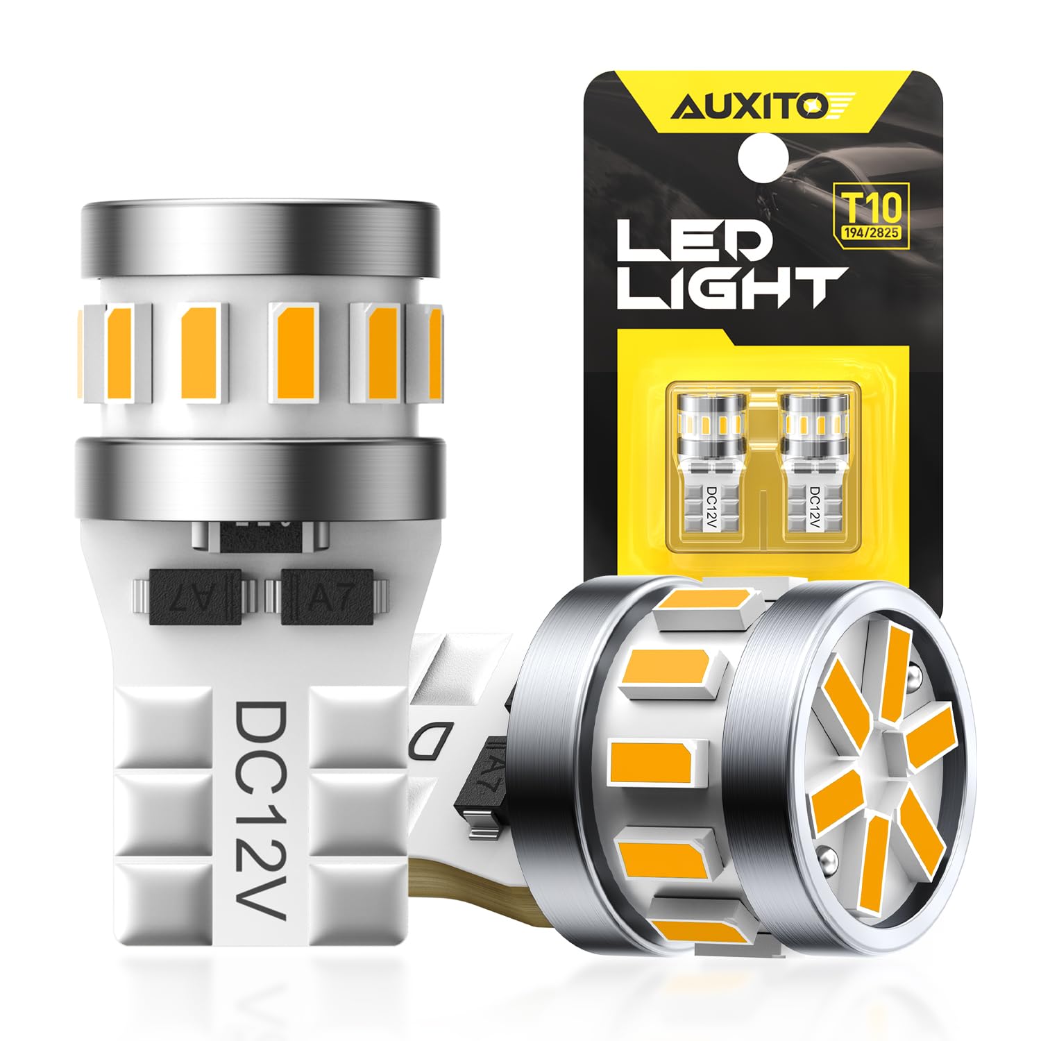 AUXITO Latest 194 LED Bulbs Amber Yellow, Canbus Error Free 168 2825 T10 W5W LED Bulb for Car Dome Door Map Courtesy Trunk Cargo Marker License Plate Exterior Lights, Pack of 2