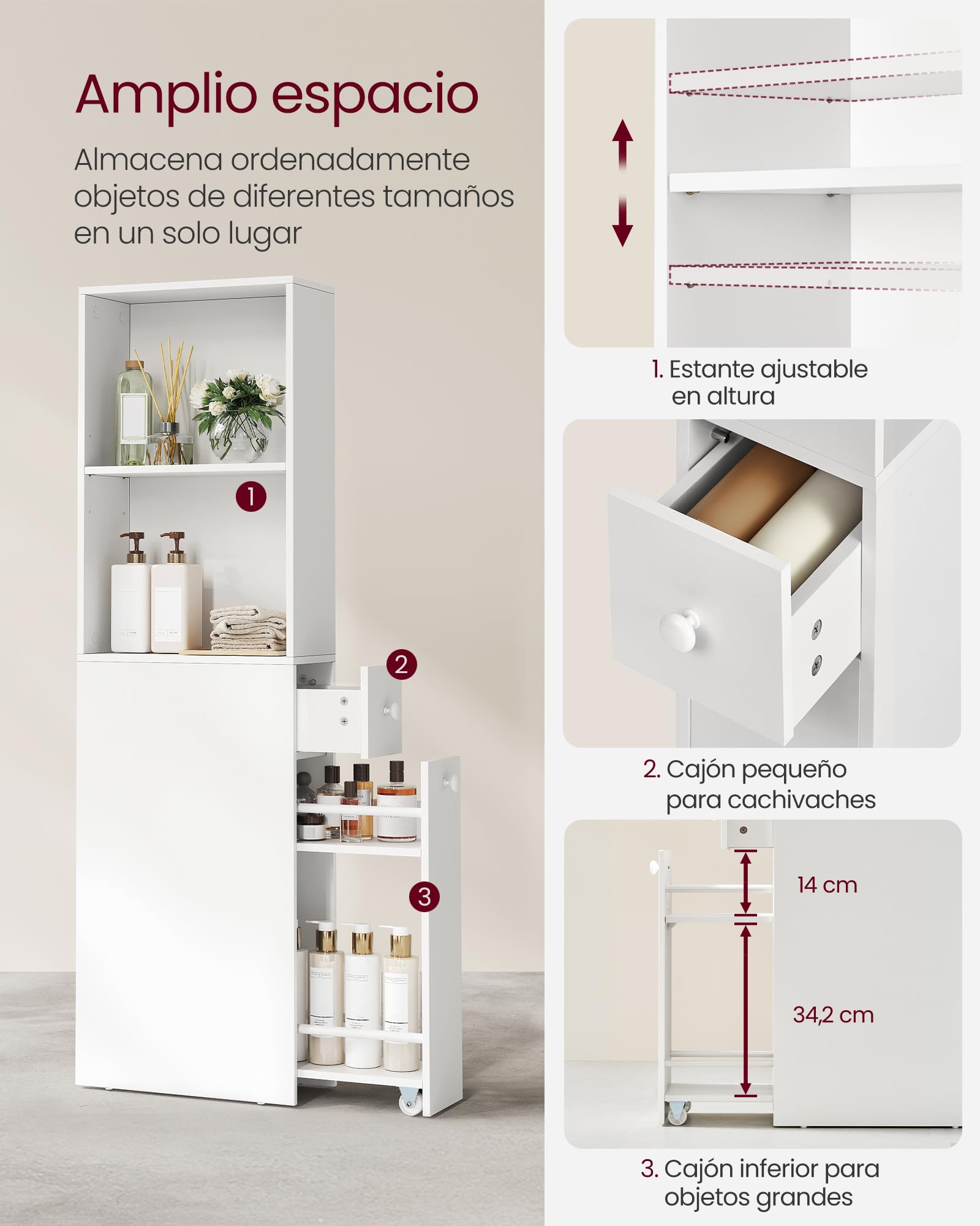 VASAGLE Armario de Baño Alto, Armario de Almacenamiento Delgado, con Cajones y Estante Ajustable, Armario para Espacios Pequeños, Estilo Moderno, Blanco Clásico BBK567T14