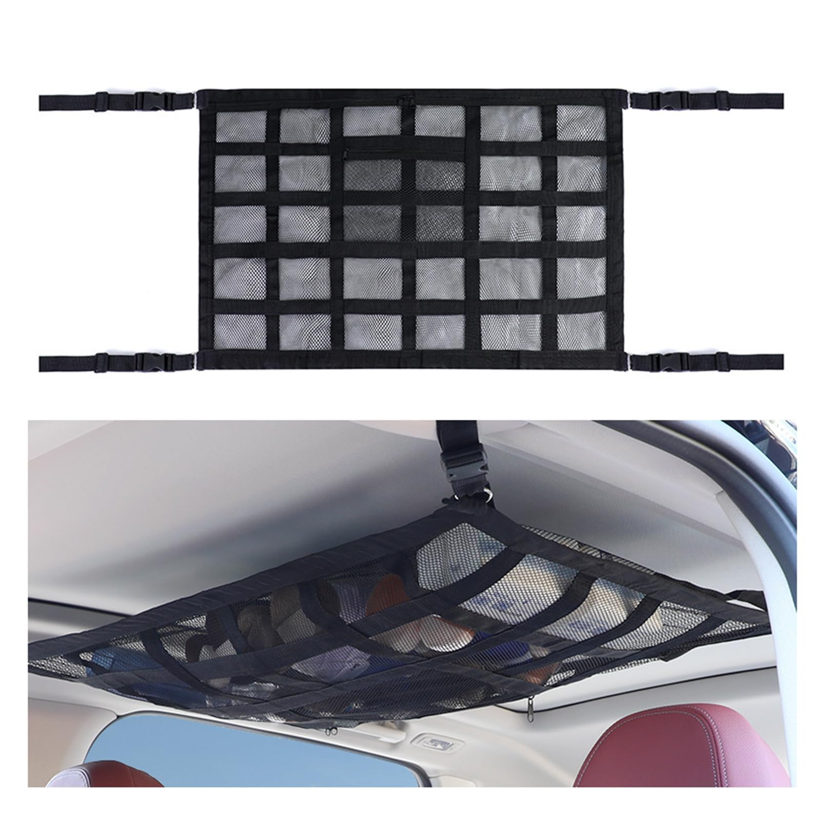 CBRWBKWHI Car Ceiling Cargo Net Pocket, for Ford Fiesta/Fiesta Zetec S/Fiesta Mountune/Fiesta St 2000-2026 Strengthen Load-Bearing and Droop Less Double-Layer Mesh Roof Storage Organizer,80 * 53cm