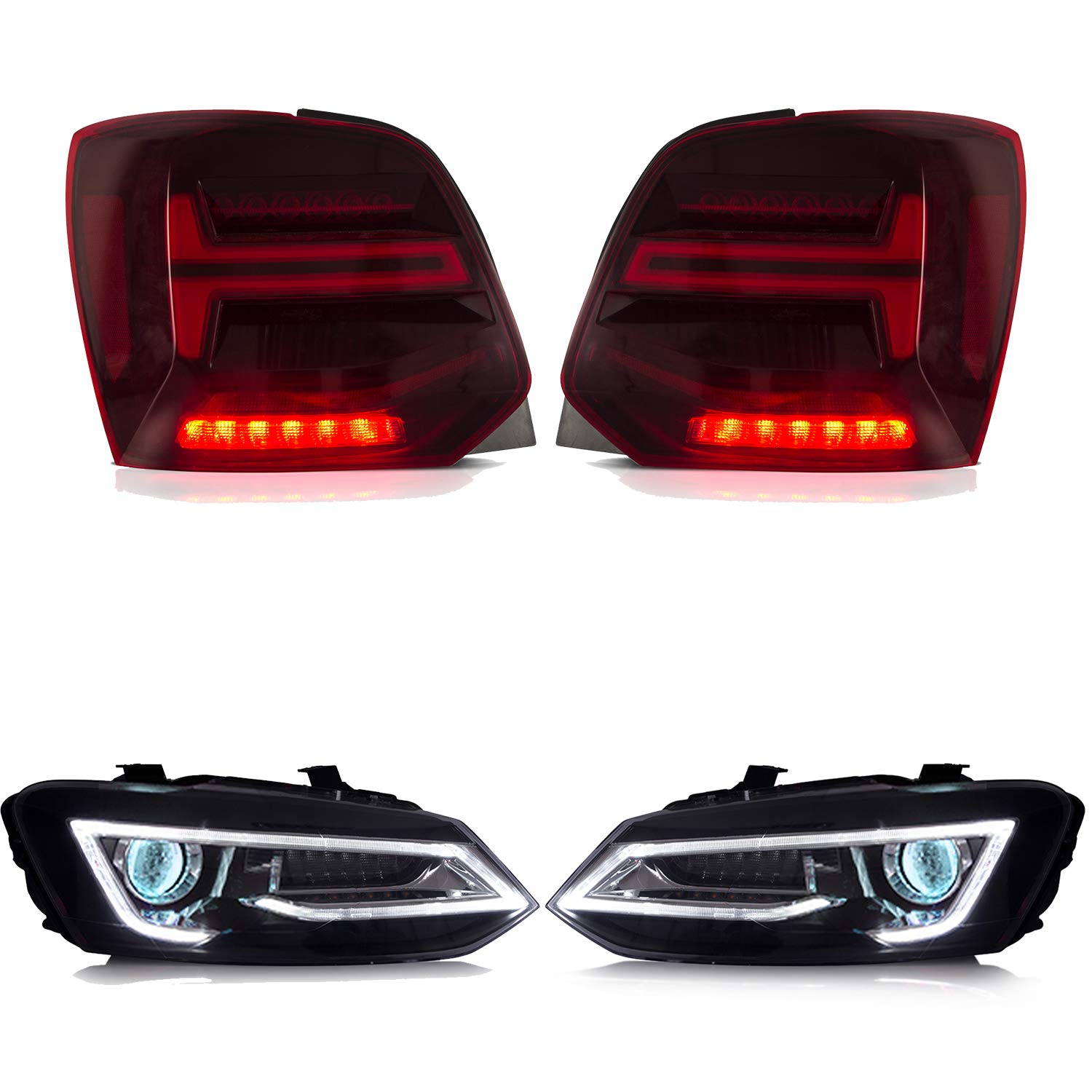 VLAND Faros delanteros y luces traseras para Polo MK5 6R 6C TSI 2009-2018 luces traseras de la lámpara delantera, con indicador secuencial, LED DRL Tech