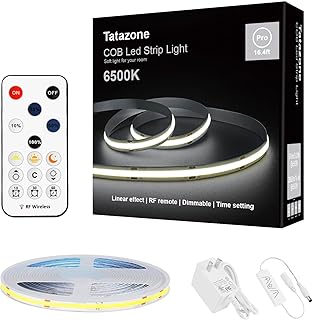 Tatazone White COB Led Strip Light with RF Remote, 16.4ft 6500K Dimmable Bright Daylight White COB Light Strip, Indoor COB...