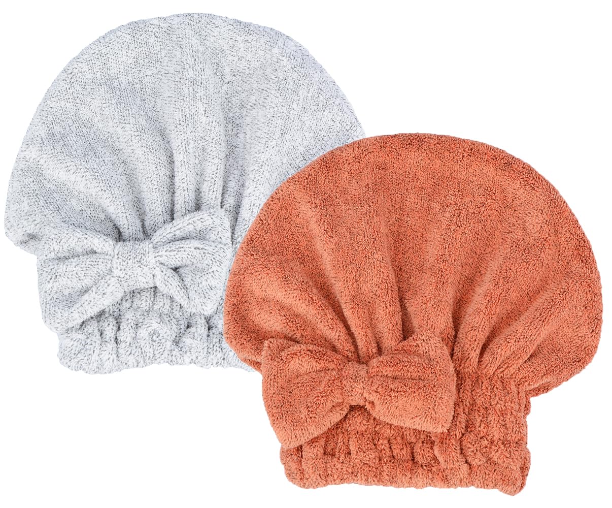 MAYOUTH Mikrofaser Handtuch Haare Super saugfähig 2 Stücke Kopfhandtuch Haarturban Haarhandtuch Schnelltrocknend Turban Geschenke für Damen & Mädchen (Lachsrot+Graue punktgarn)
