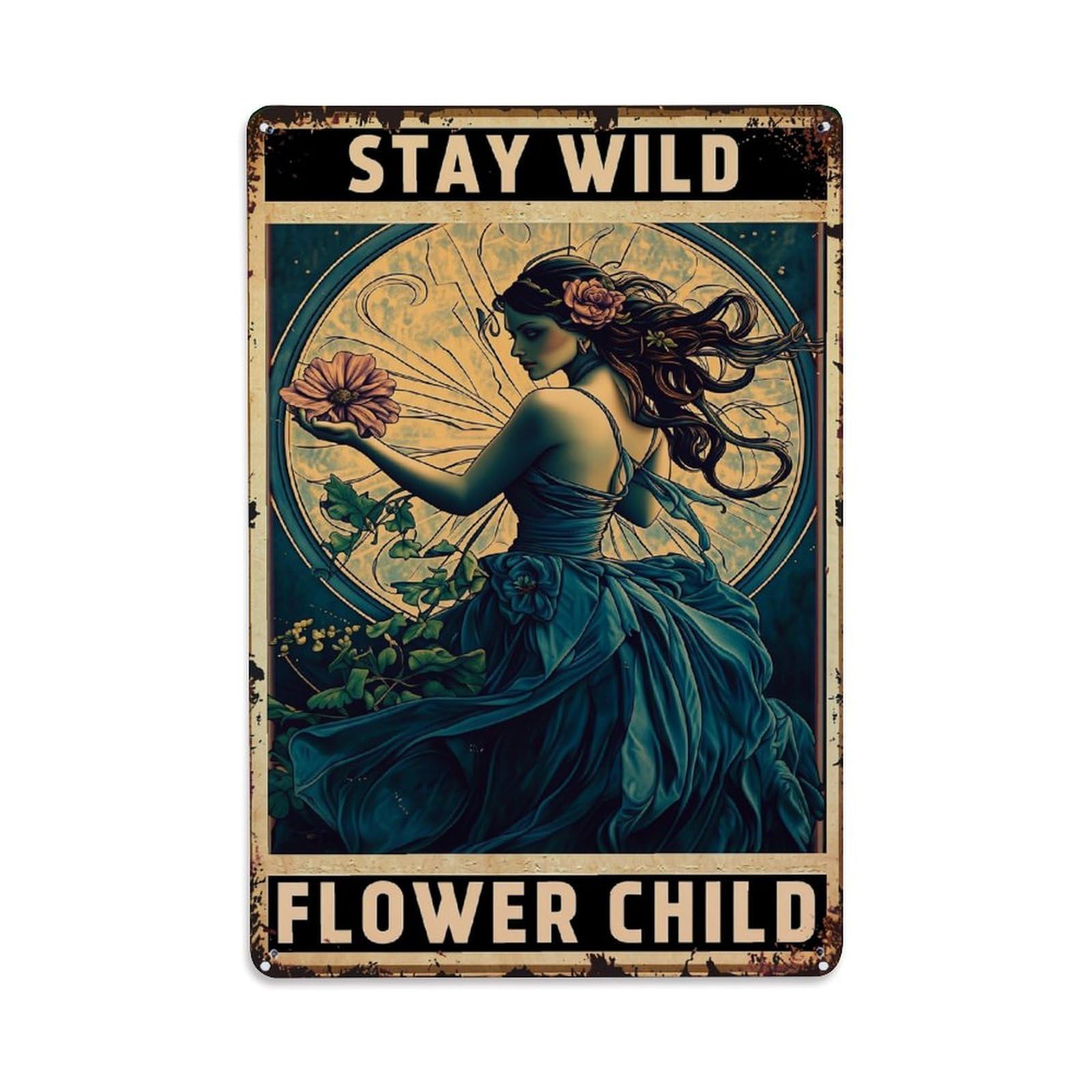 Jdfenggu Vintage Flower Child Stay Wild Art Retro Metal Tin Sign, Decor Art Poster For Bar, Home, Man Cave, Kitchen, Laundry Room Gift 8X12inch