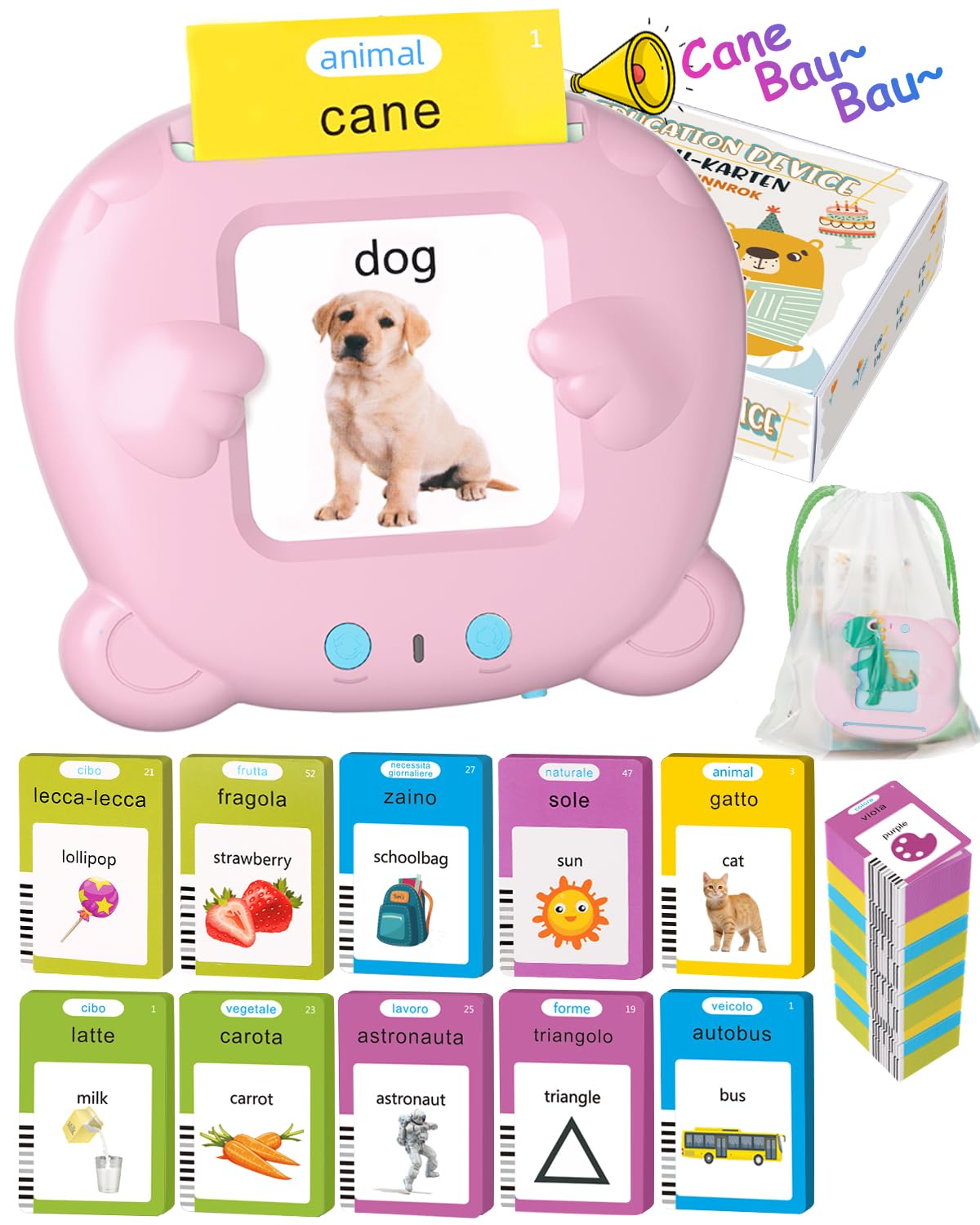 Winnrok Carte Parlanti Montessori Bilingue, Flashcards Bambini Italiano, Amico Vocabolo Gioco, Giochi Montessori Bambini 2 Anni, Imparare Parlare Numero Animali, Regalo di Natale, Autismo Rosa