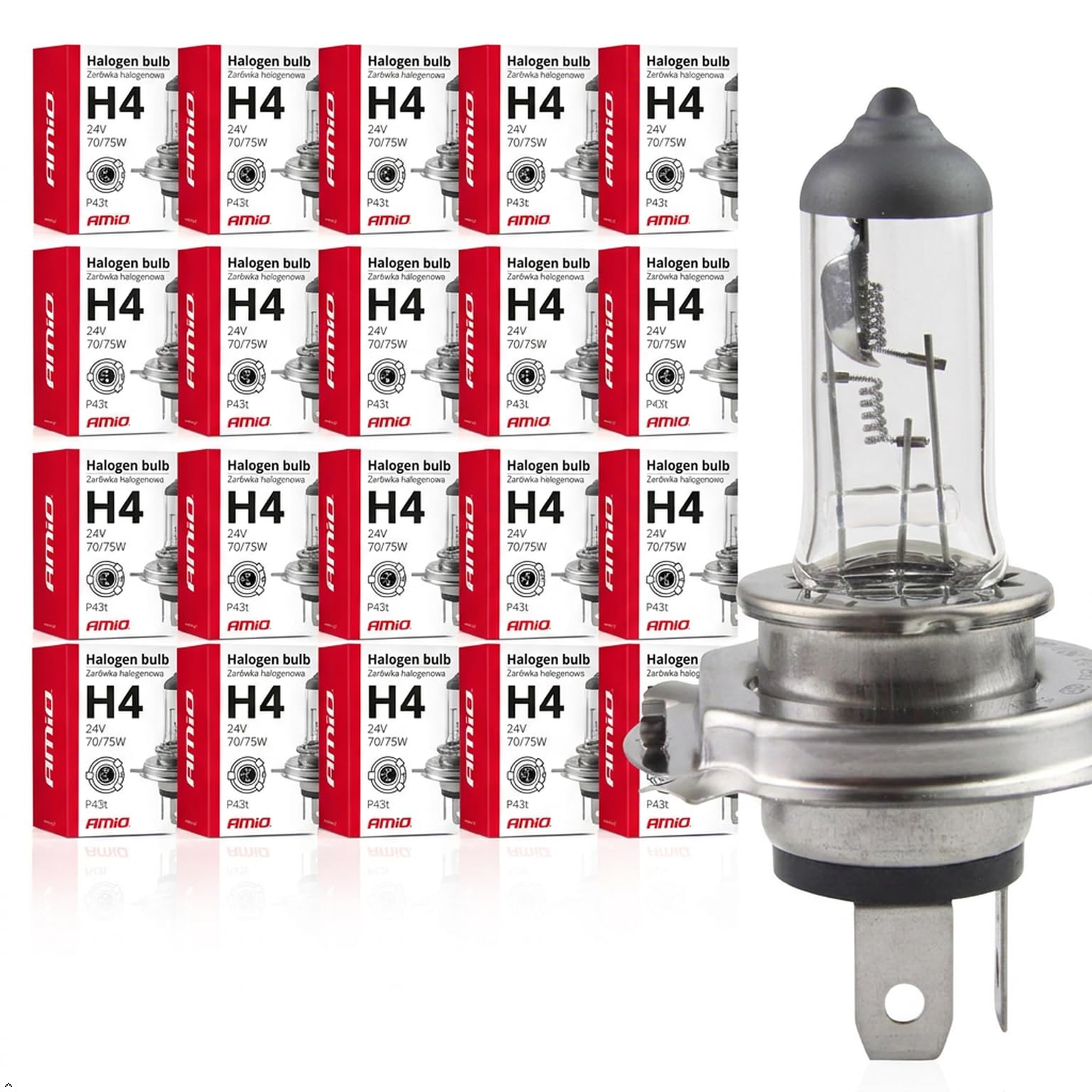 AMIO H4 24V 75/70W Halogenlampen - 20 Stück - 20x 01267 - P43t LKW ECE R37 | Fern- & Abblendlicht Fahrzeugbeleuchtung - UV-Filter - Ersatzlampen für Nutzfahrzeuge - E4 Prüfzeichen