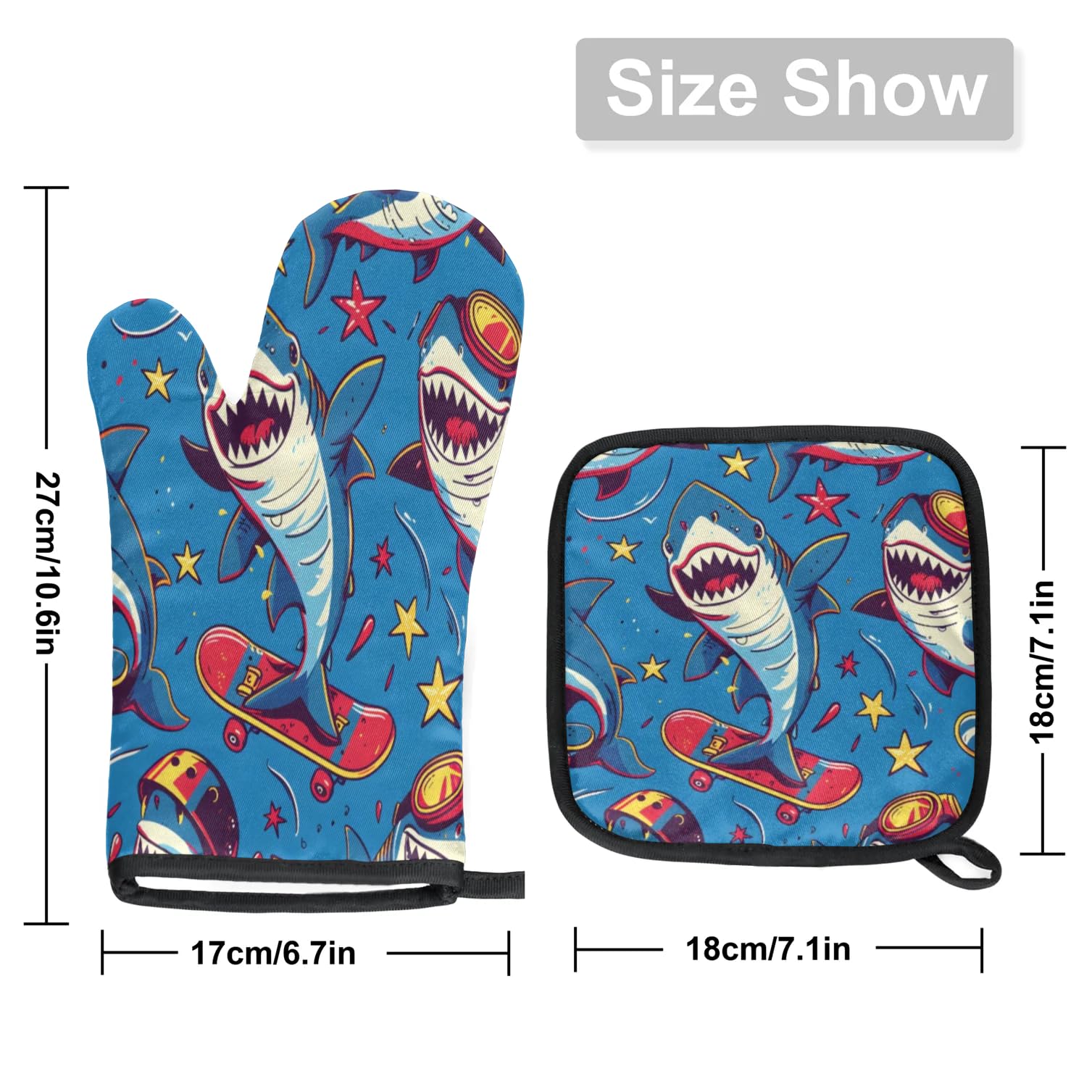Shark Skateboarding Oven Mitts Kitchen Oven Gloves for Cooking Baking Heat Proof Lining Cotton Kitchen Potholder Mittens Pot Holders Hot Pads for Chef Women Men