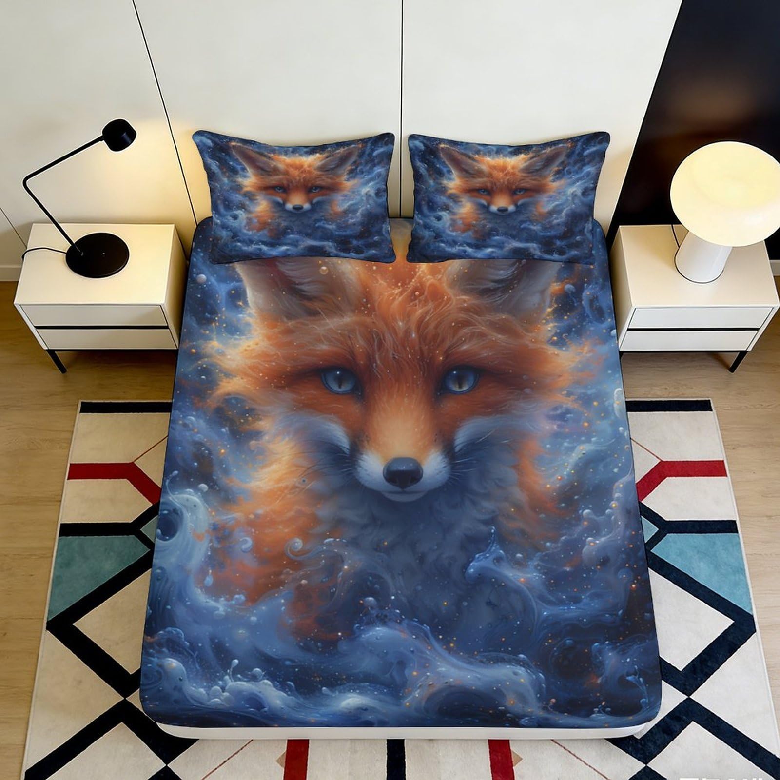 3D Printed Fantasy Fox Fitted Sheet Microfiber Soft Anti-Slip Mystic Forest Mattress Cover Bedroom Decor 90x200x25cm