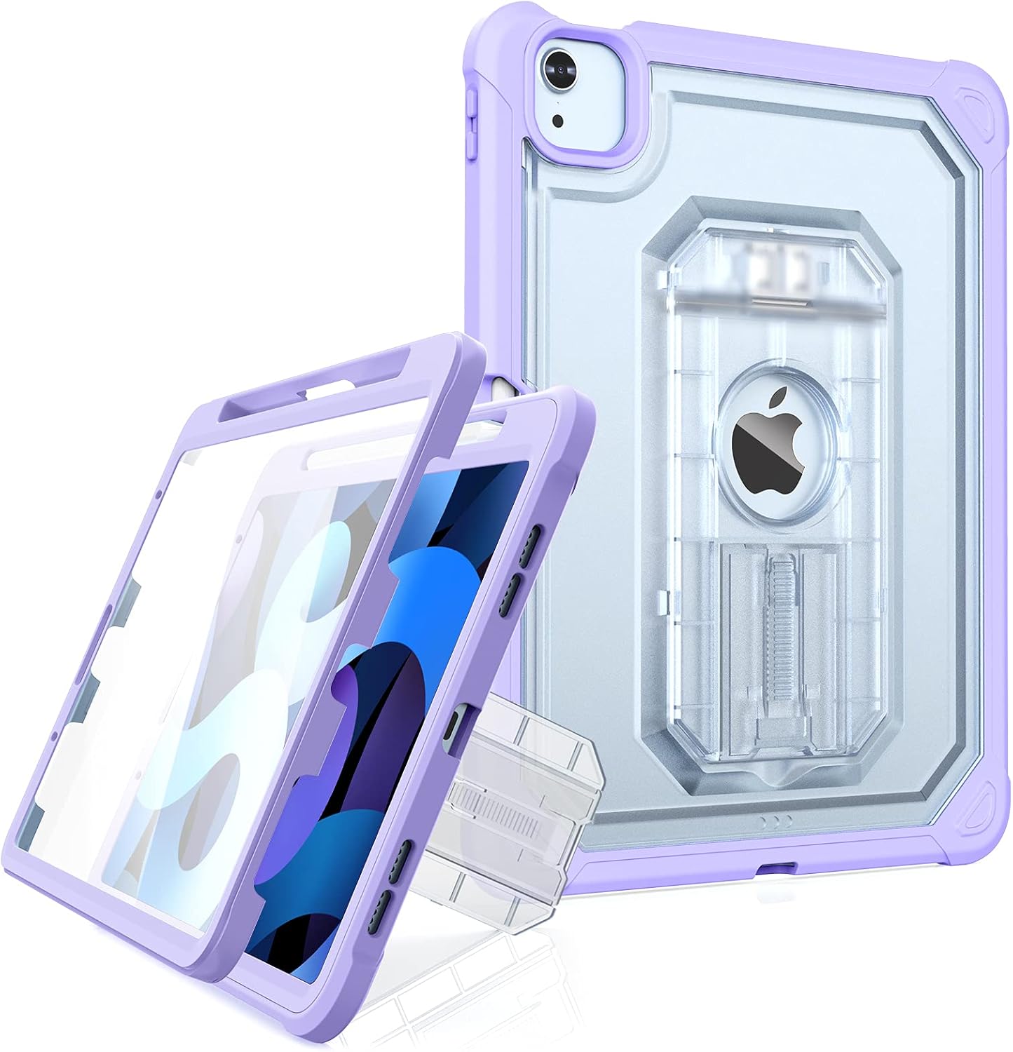 Cantis Clear Case for iPad Air 5th Generation/iPad Air 4th Generation 10.9 Inch 2022/2020, Built-in Screen Protector & Pencil Holder Dual Layer Shockproof Case with Kickstand, Clear+Purple