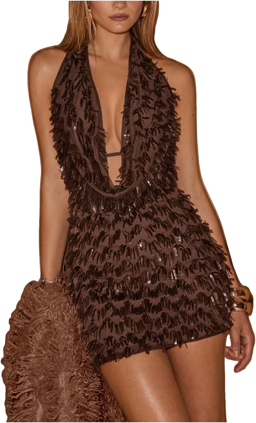 Women's Sequin Sparkly Halter Dress Low Cut Open Back Draped Fringe Party Dresses