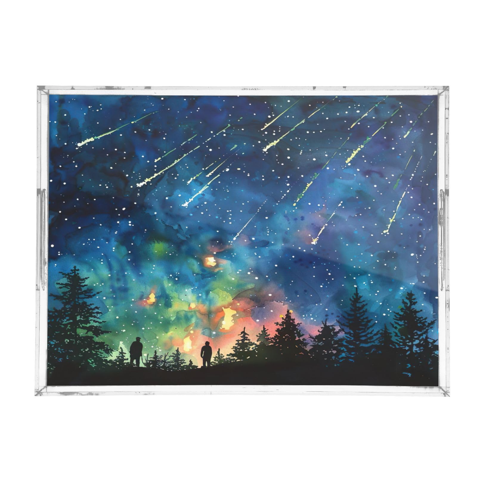 BOESI Watercolor Stars and Trees Pattern Acrylic Decorative Dining Tray, Acrylic Decorative Tray Organizer with Handle for Kitchen, Dining Room, Bathroom, Dresser