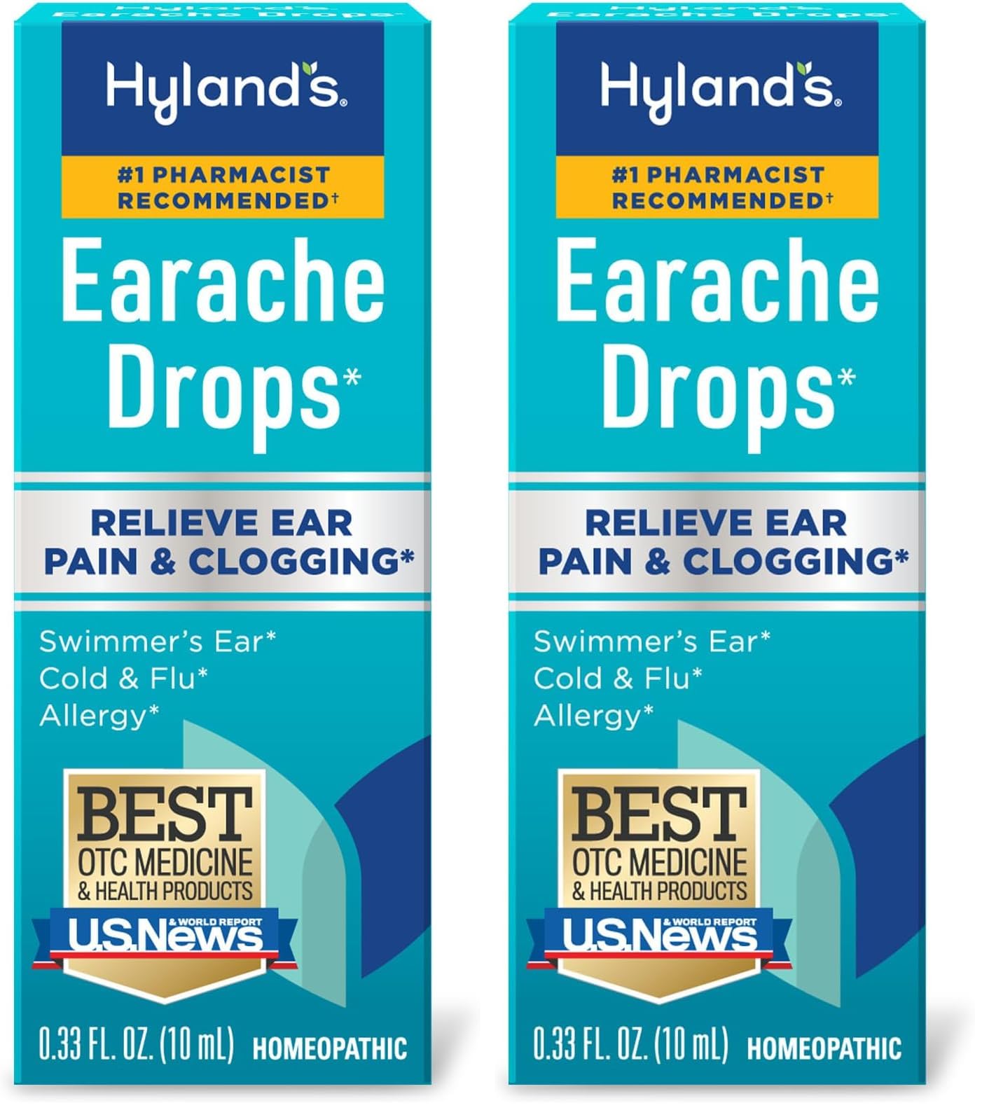 Hyland's Earache Drops, Natural Relief of Swimmer's Ear, Cold and Flu, Allergy Symptoms, Ages 2 and up, Day and Night, 0.33 Fl Oz (Pack of 2)