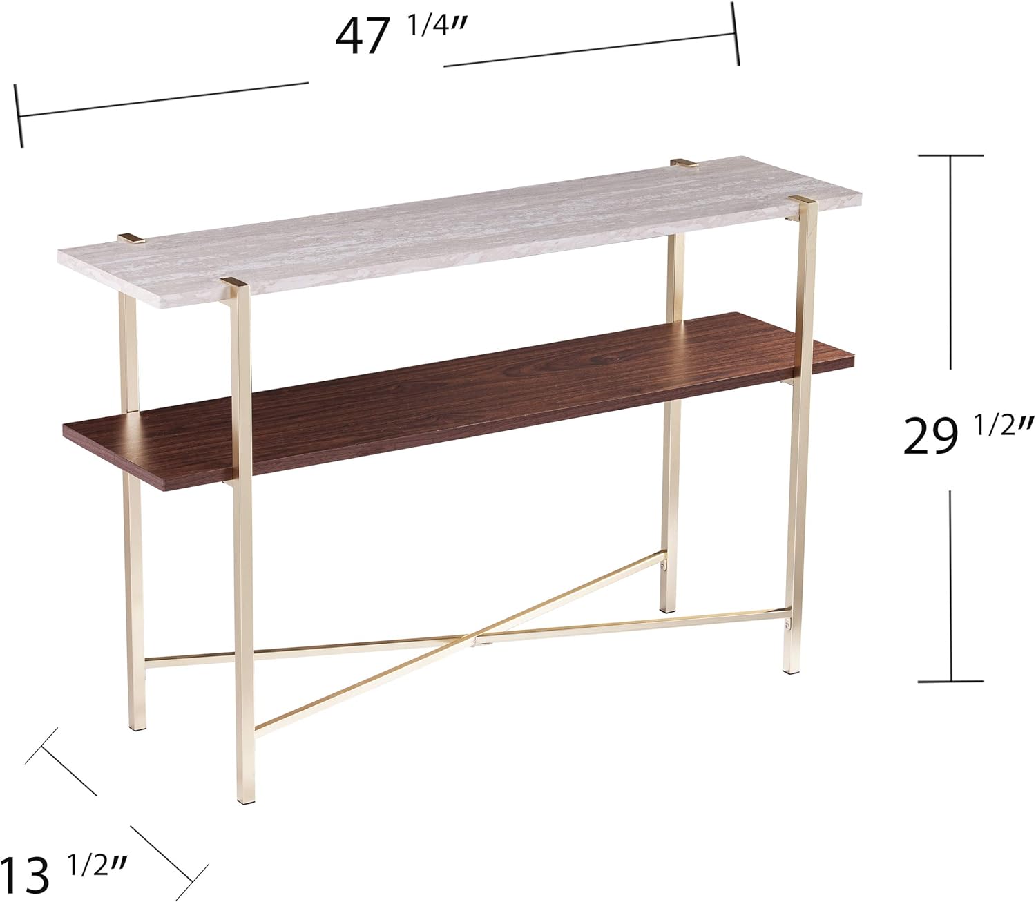 SEI Furniture Ardmillan Two-Tier Faux Marble Top 47.25" Console Table, Brass/Dark Tobacco/White