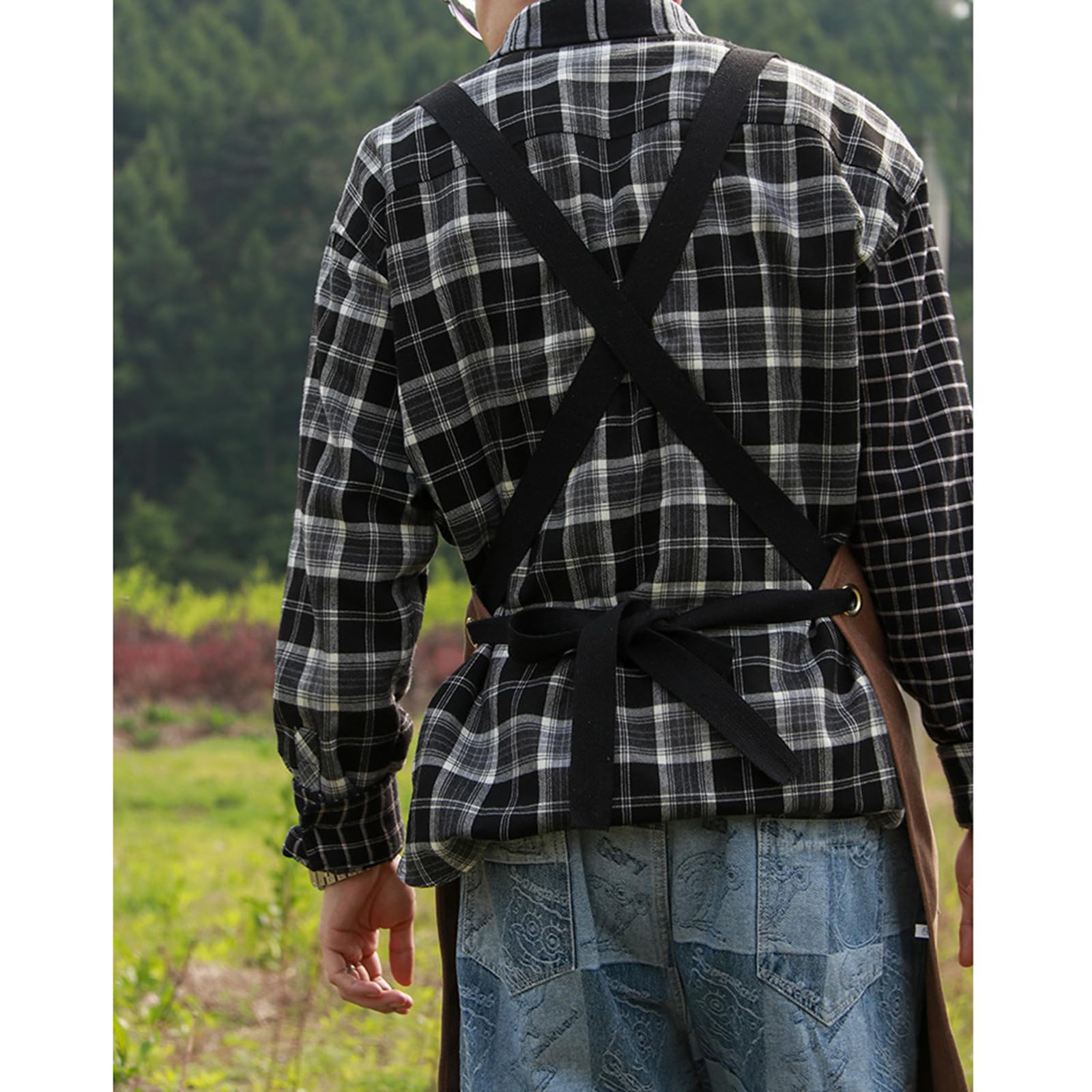 Fartuch szefa kuchni ， Fartuch Denim Bib Fartuch warsztatowy, fartuch narzędziowy, fartuch roboczy z rozciętymi nogawkami, wytrzymały, z kieszeniami, płócienny, regulowany fartuch z krzyżowym tyłem