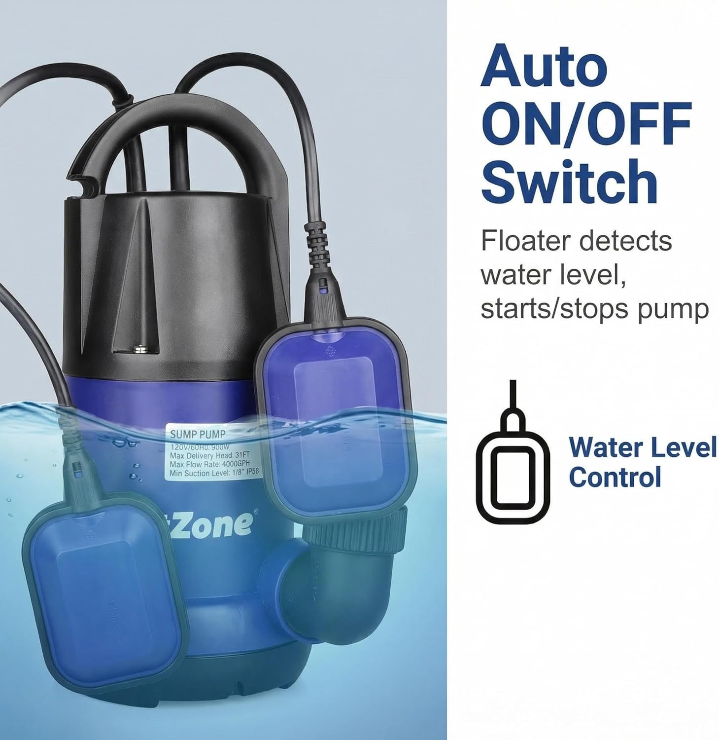 Sump Pump, 1 HP Submersible Water Pump, 4500 GPH Utility Pump, Thermoplastic Portable Electric Water Removal for Swimming Pool, Garden with 10ft Cord