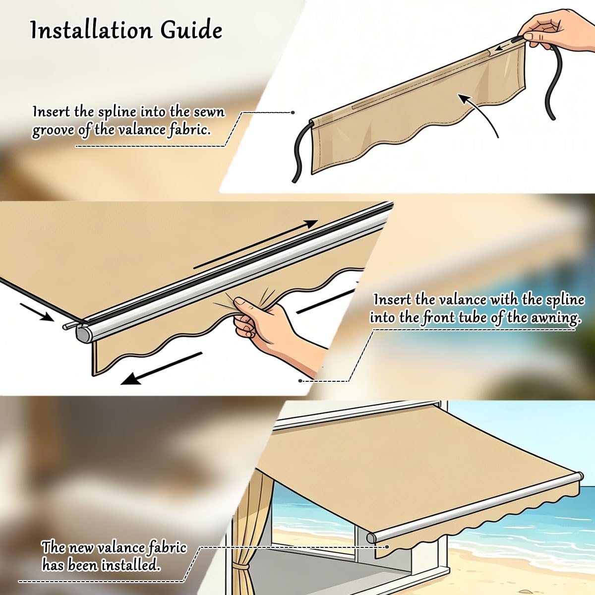 Mantovana per Tenda da Sole Resistente All'Acqua, Anti-UV, Ricambio Bordo in Poliestere Cuciture Rinforzate – 5 3.5 2.7 4.5 7 m(Beige,380cm)