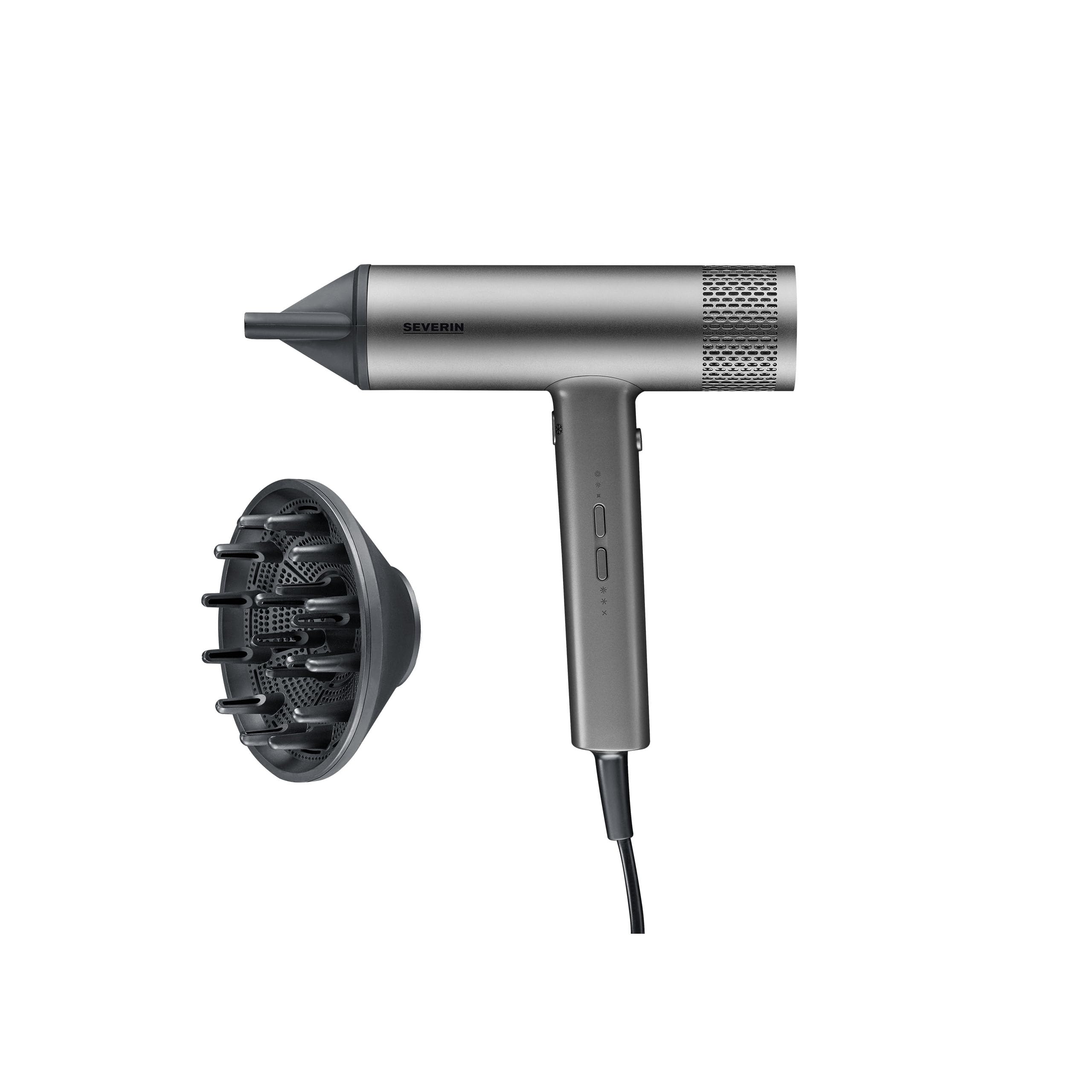 SEVERIN Secador de pelo de alto rendimiento con motor BLDC y tecnología iónica, Secador de pelo con difusor magnético y concentrador, Potencia de 2.000 W, Gris, HT 0171 | Motor potente y silencioso, tecnología antiencrespamiento. Difusor magnético, 3 temperaturas y función Cool Shot, antracita