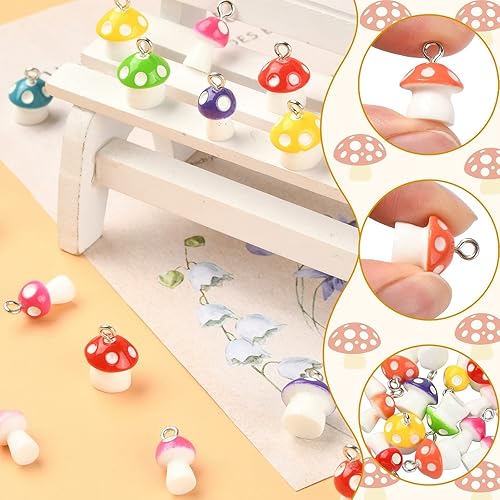 Miniatura 3 de KitBeads 32 dijes de hongos de estilos mixtos 3D para comida y verduras, encantos de Pascua, coloridos dijes de resina para hacer joyas, pulseras a