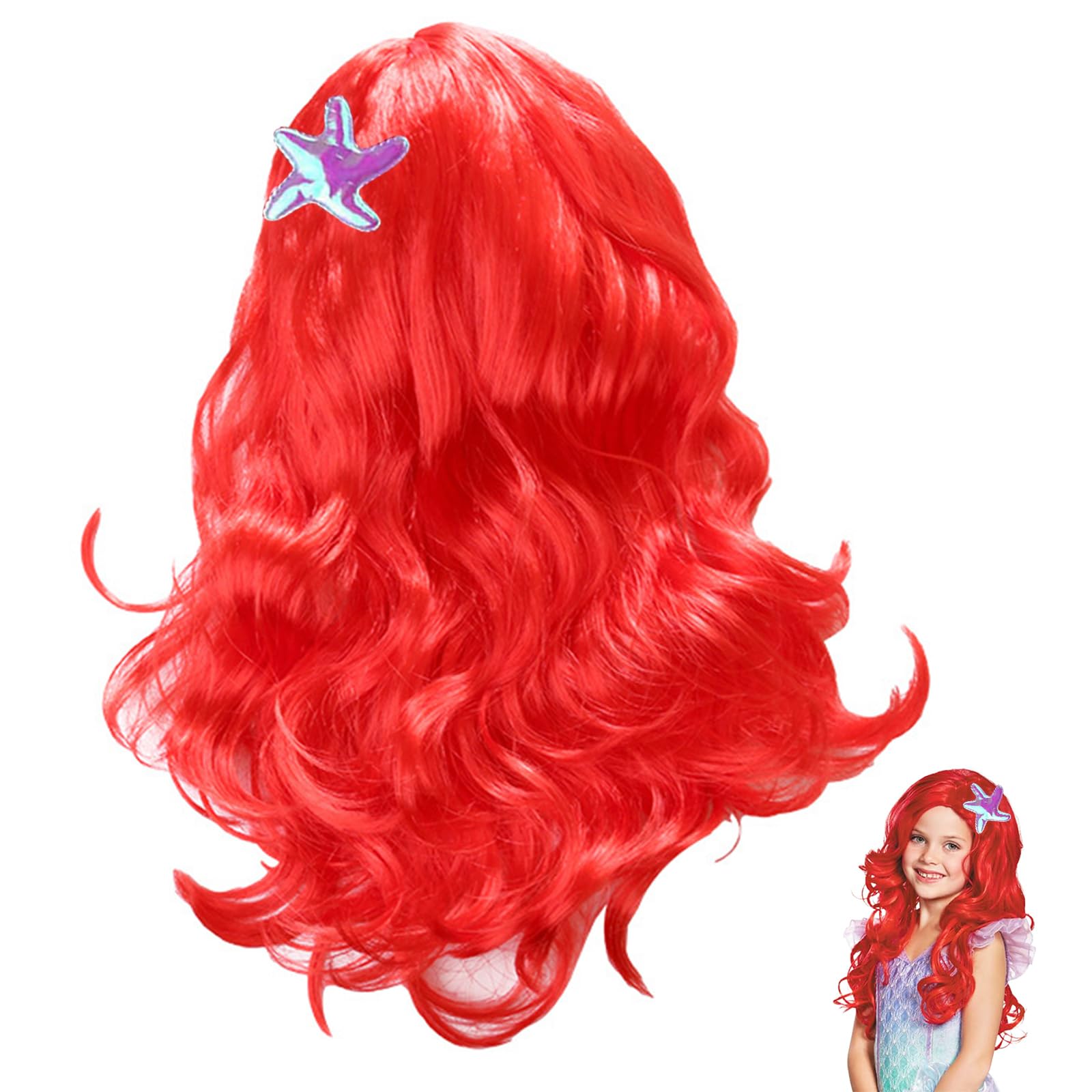Parrucca Per Bambini a Forma Di Sirena Costume Da Sirena Parrucca Principessa Cosplay Accessori Parrucca Rossa Lunga Ondulata Anime Parrucca Ariel Sirenetta Bambina Per Carnevale, Feste a Tema,Cosplay