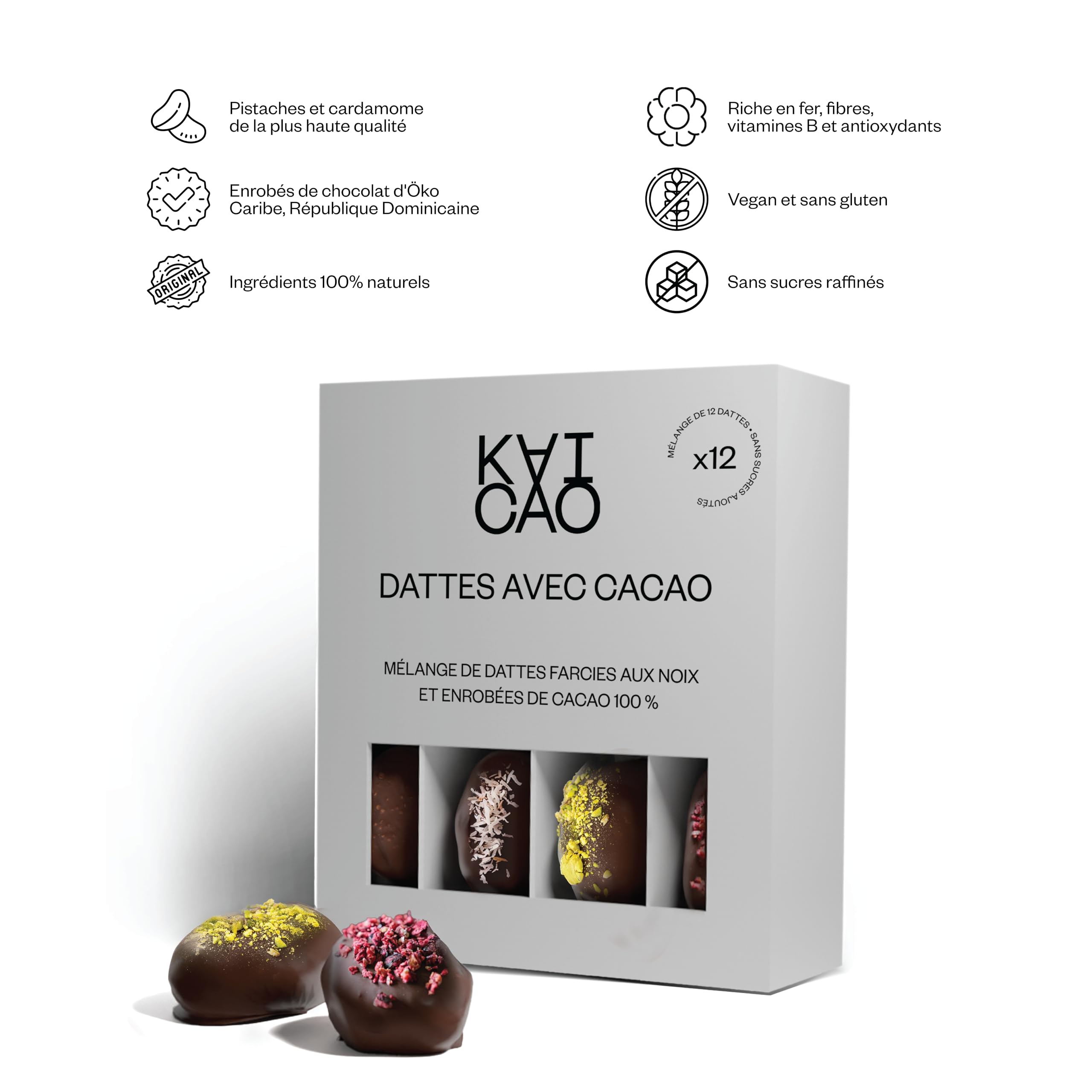 Kaicao Dattes Medjool Pack Dégustation - Noisettes, Pistaches, Noix de Cajou et Amandes - Enrobées de Chocolat 100% Cacao d’Origine Oko - Sans Sucre Ajouté - Pack de 12 Snacks Sains