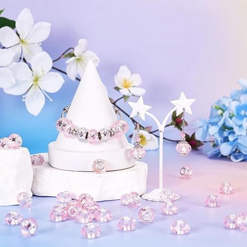 Miniatura 5 de 100 cuentas de agujero grande de 0.555 pulgadas (0.551 in), cuentas de cristal facetadas de cristal europeo rosa, cuentas espaciadoras para