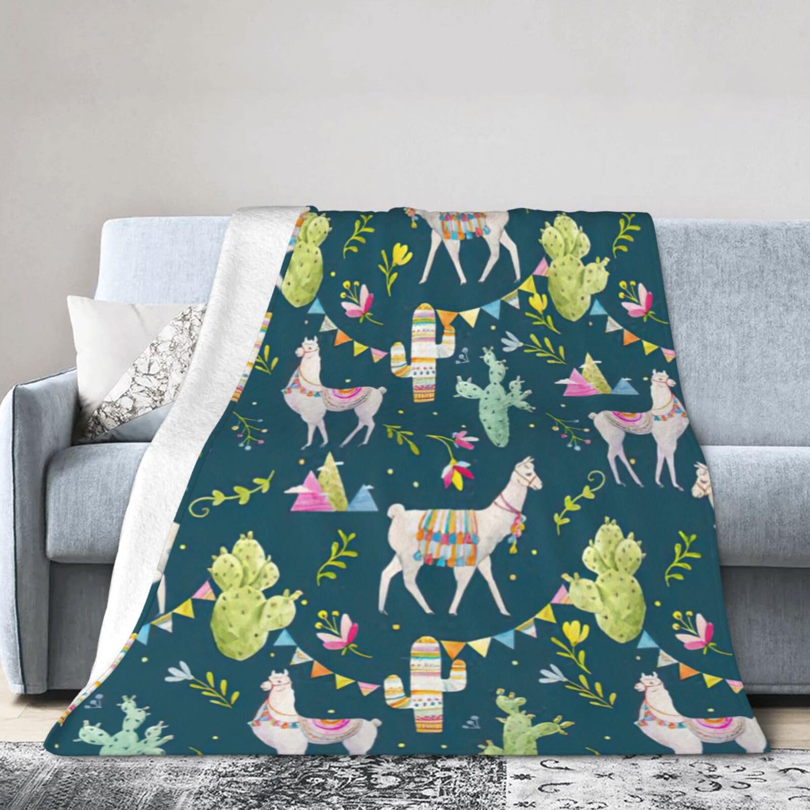 Uusnwaa Soft Cosy Fleece Warm Throw Llama Animal Alpaca Tropical Cactus Print Blanket