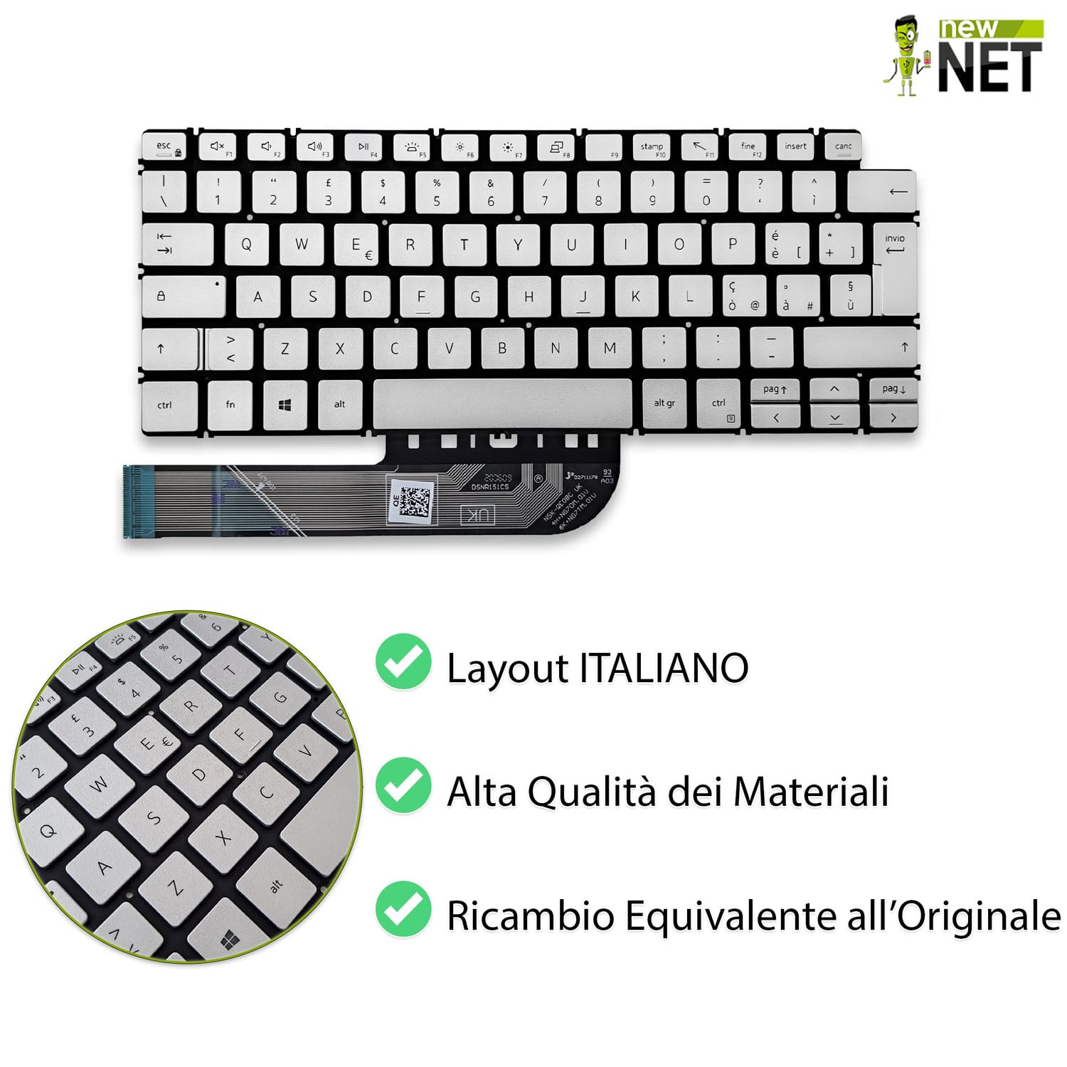 Tastiera compatibile con Notebook Dell Vostro 5301 5390 5391 5401 5402 5490 Retroilluminata Layout ITA Argento