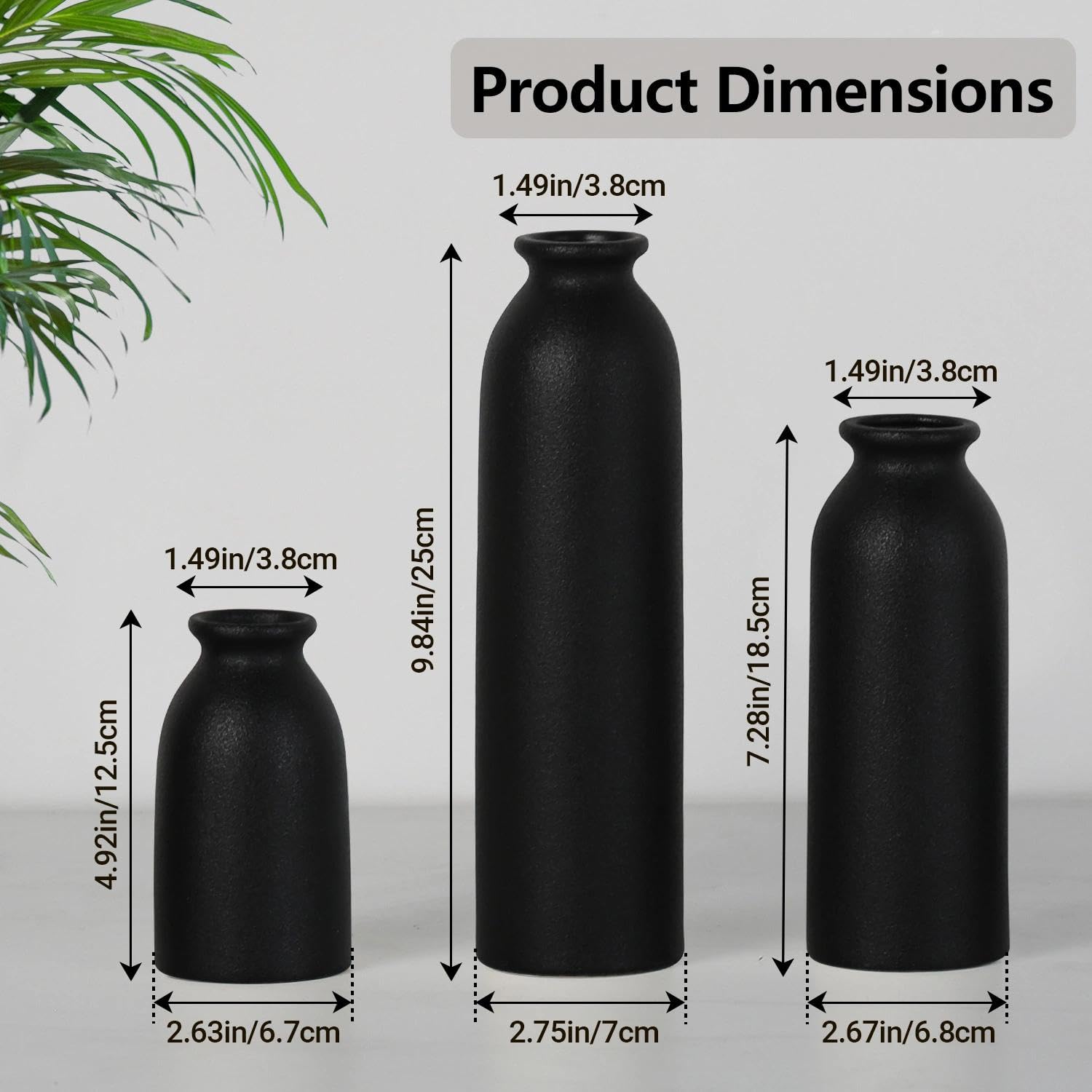 Modern Ceramic Vases Set, 3 Pieces, Decorative Flower Vases in Various Sizes (Black) - Image 2