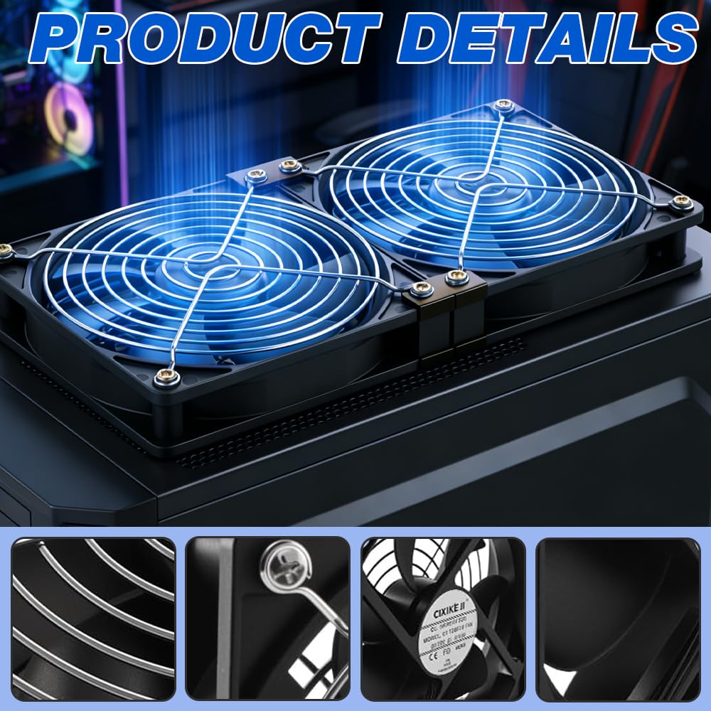 240mm PC Lüfter, 2x120mm Gehäuselüfter 12V PC-Lüfter mit Netzstecker & stufenlosem Drehzahlregler, 2700 RPM, Leiser Leistungsstarker PC Fans für Computer, Server, TV,Gaming-PC,AV Kabine,Router - 5