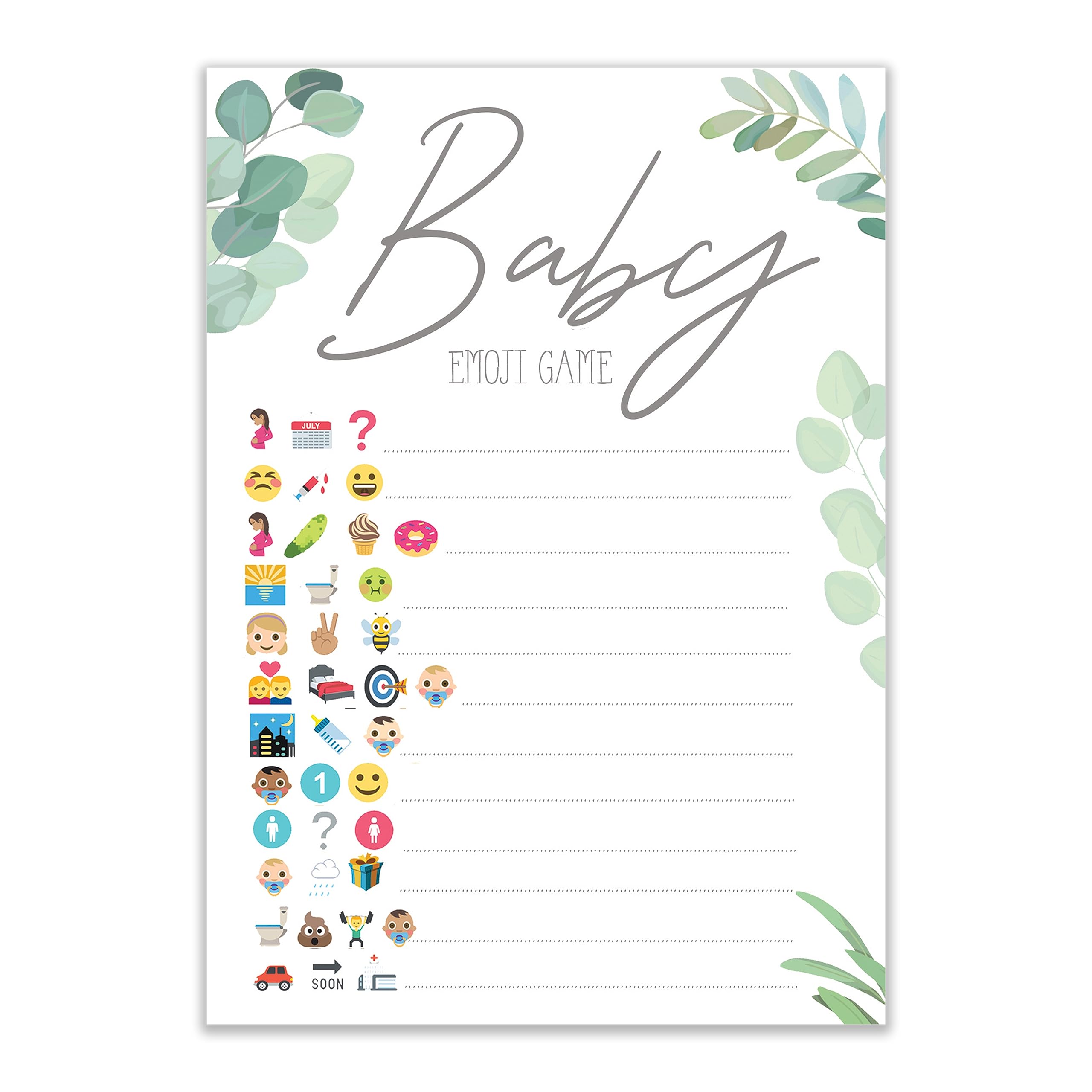 Baby Shower Game - Pack of 10 Baby Boho/BOTANICAL Emoji Game Cards - Workout The Word From The Picture (BSBBEG10)