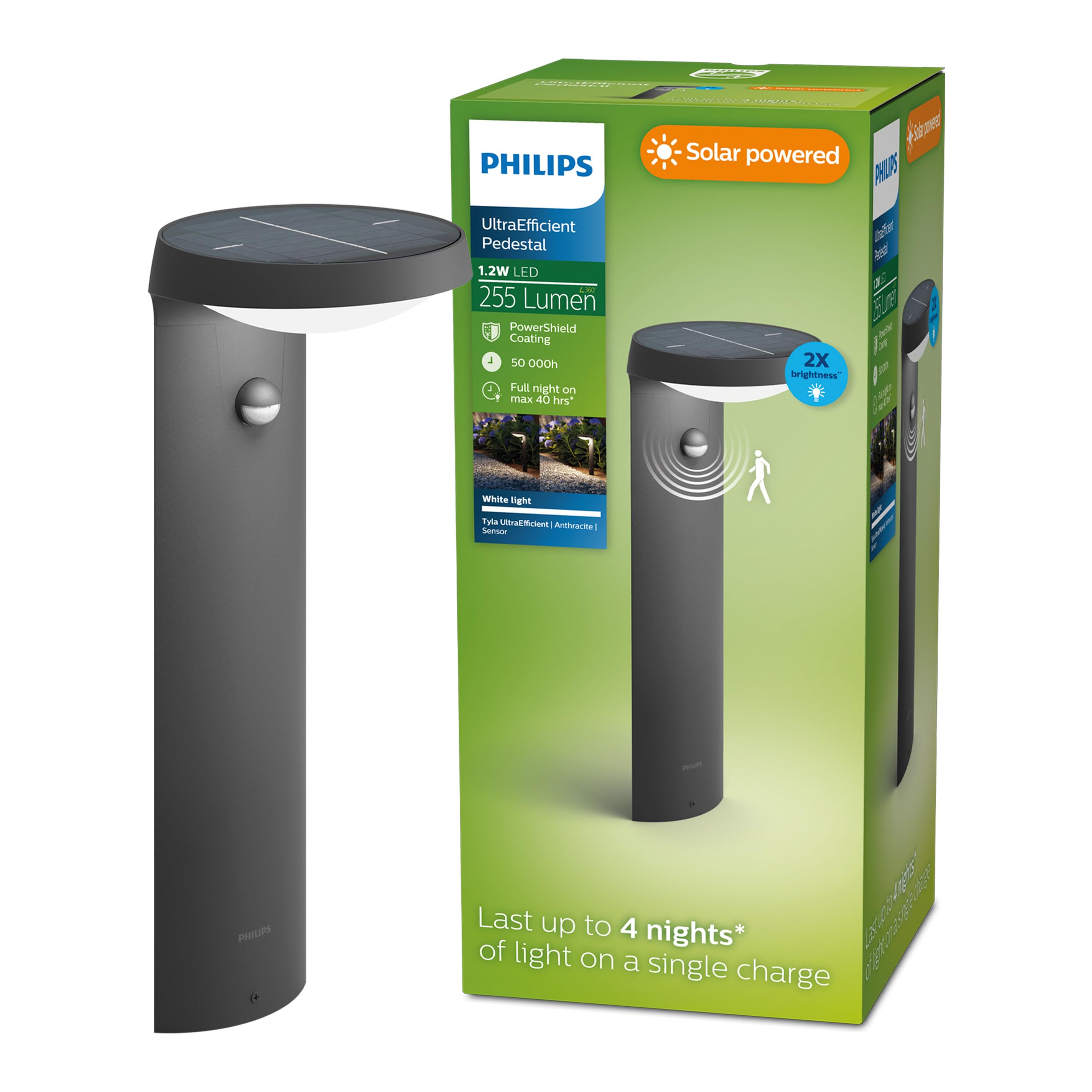 Philips Tyla, Borne avec recharge solaire extérieure ultra efficient, classe energétique A, détecteur de mouvement, 2700K, jusqu'à 250 lm, IP44, Anthracite