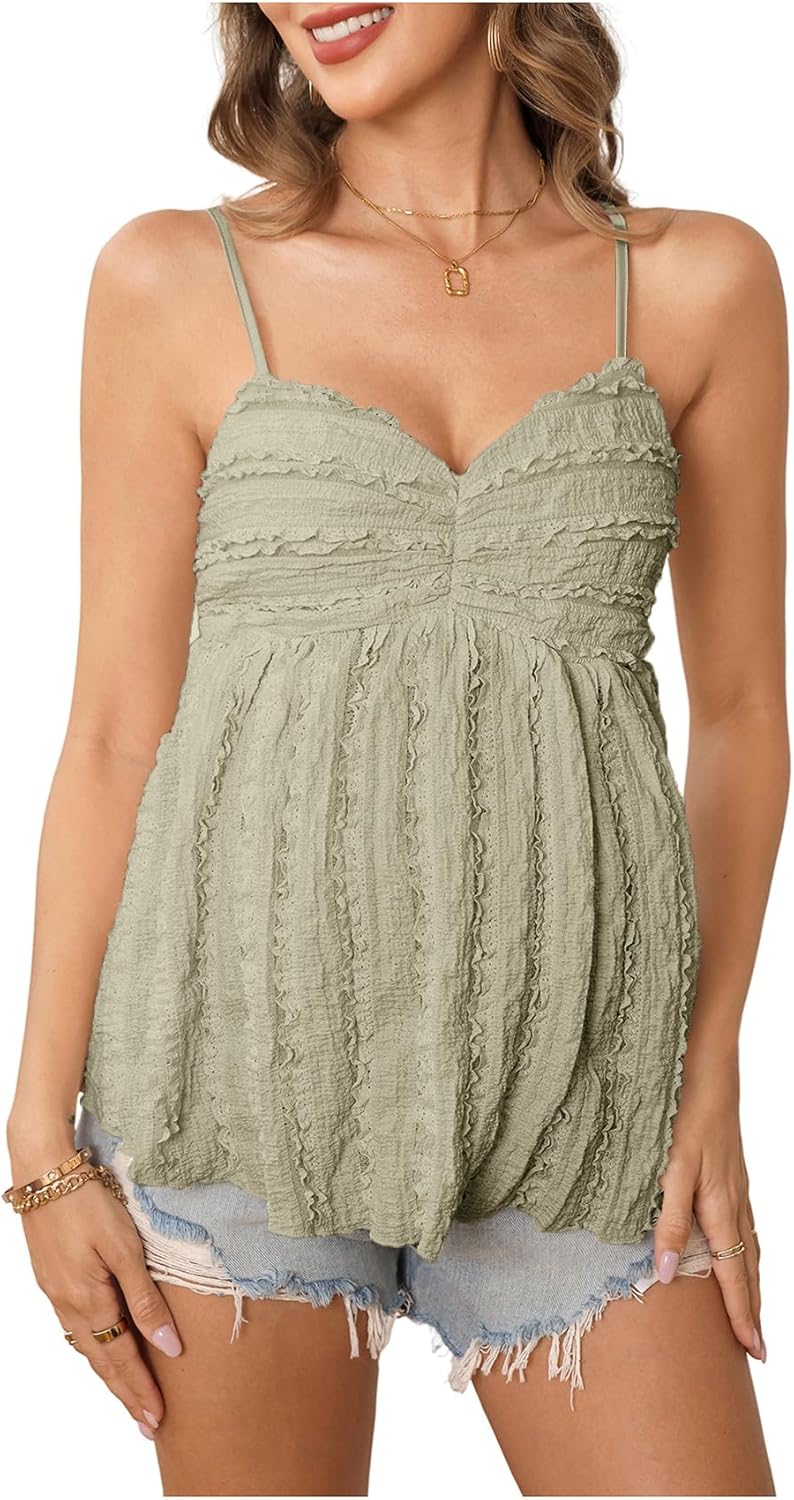 MakeMeChic Women's Maternity Summer Cute Tank Tops Spaghetti Strap Ruffle Hem Sleeveless Pregnancy Camisole