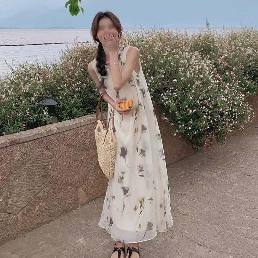 Abito da Spiaggia con Stampa Floreale A Inchiostro Francese, Abito Lungo Estivo Ampio Senza Maniche Linea A, Scollo Tondo con Volant