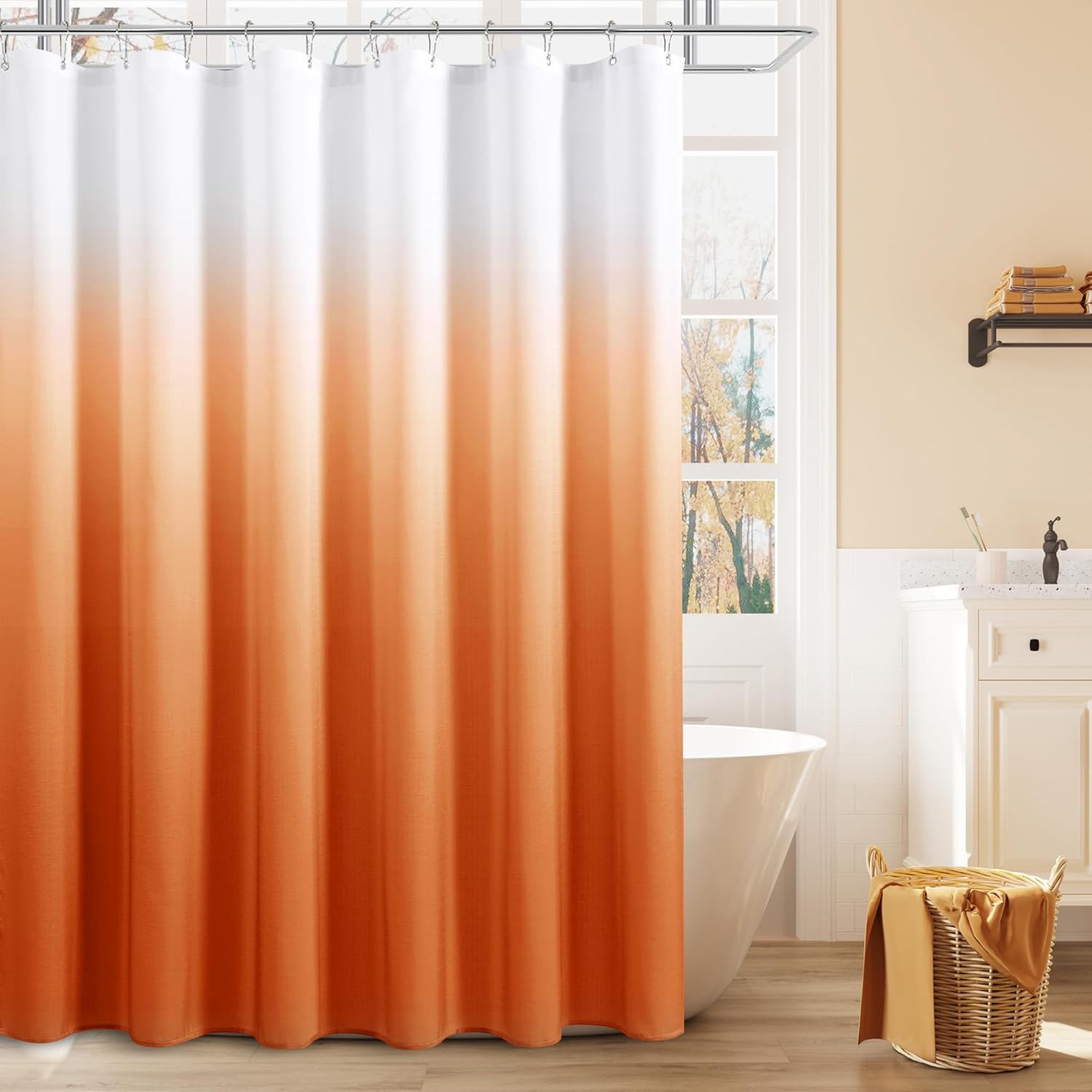 Burnt Orange Ombre Shower Curtain Set, Fall Waterproof