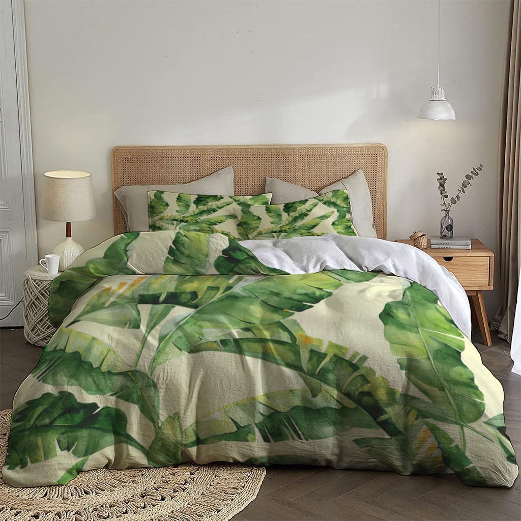 NIBAINLO 布団カバー水彩画-トロピカル-バナナの葉-密生-ジャングルカーキ背景 肌に優しい ピーチスキン加工 掛け布団カバー 和式 洋式 あったか 布団カバーセット リバーシブル ホームステイ ホテル 家庭兼用