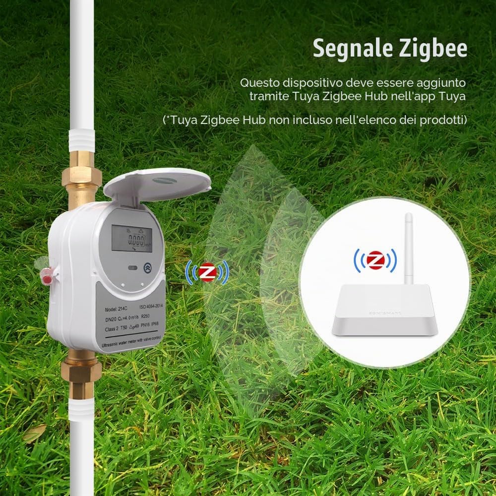 Tuya Zigbee Valvola Smart Controllata ad Ultrasuoni Misuratore d'Acqua, Display LCD Data/Allarmi Soglia, Misurazione Quantità Acqua, Consumo Flusso Quantità Acqua IP68, Hub Tuya Zigbee Necessario