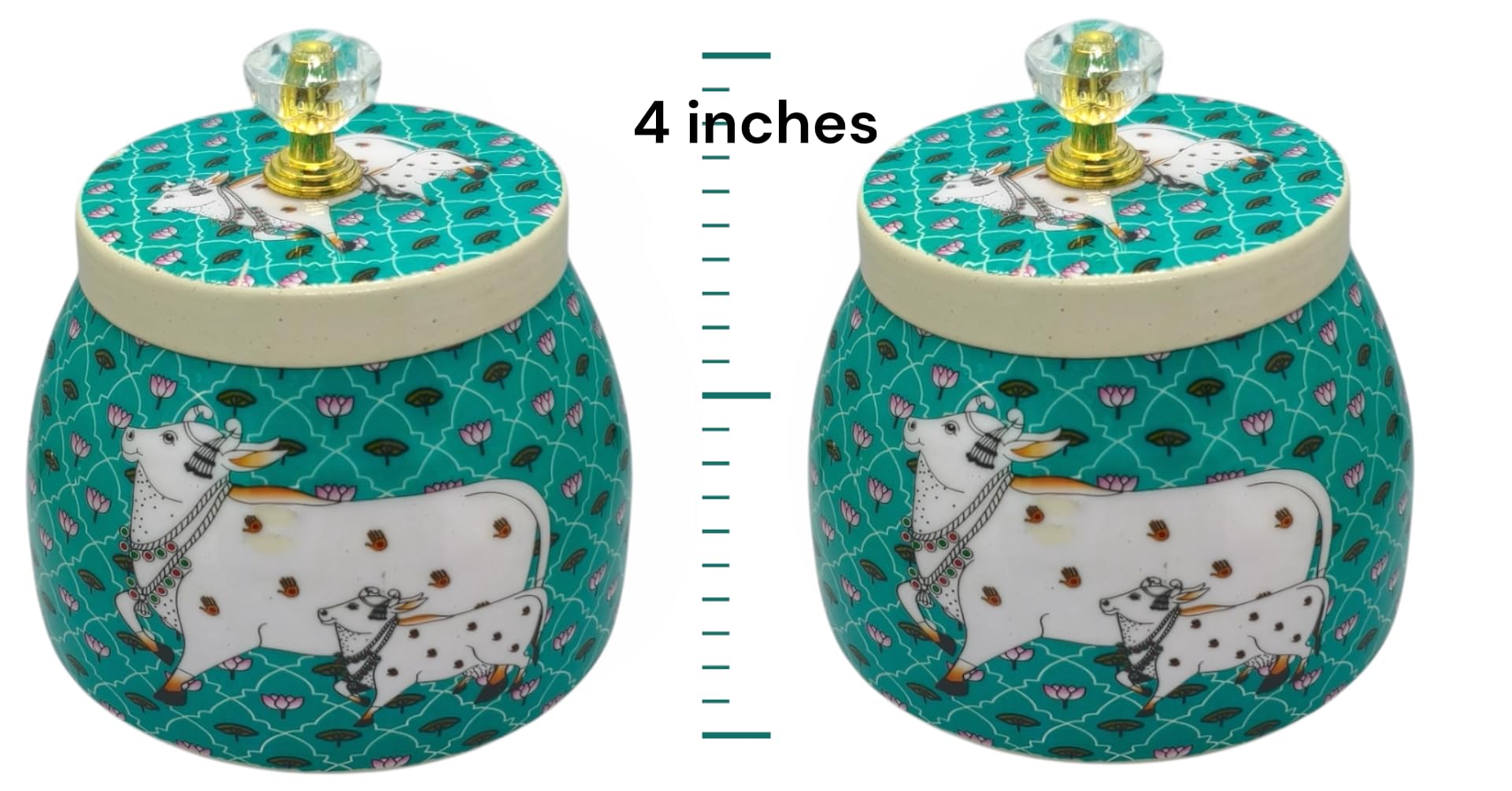 Akanksha Arts, Decorative Metal Storage Boxes, Cyan and cream, Pichwai Art Design, 10.16 cm Height, with Crystal Knob Lid, Dry Fruit Container, Set of 2 1