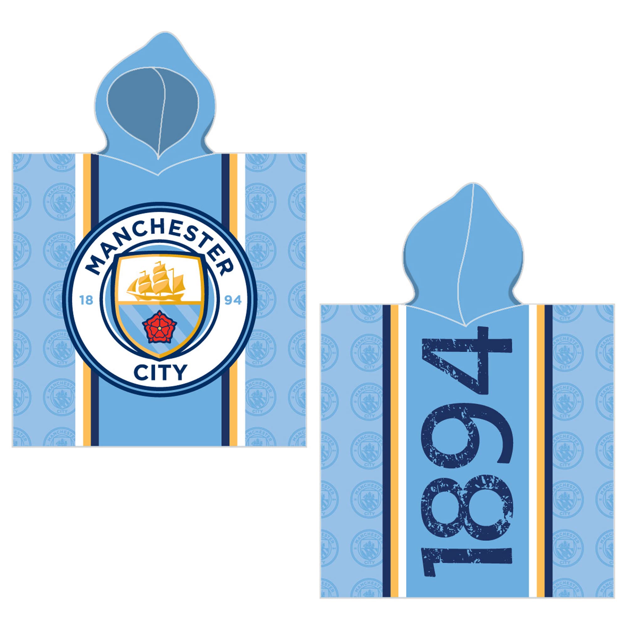 Manchester City Poncho de bain à capuche pour enfant avec logo - Bleu - 60 x 120 cm - 100 % coton - Qualité velours - Peignoir de bain - Paréo - Serviette de bain - Serviette de bain - Serviette de