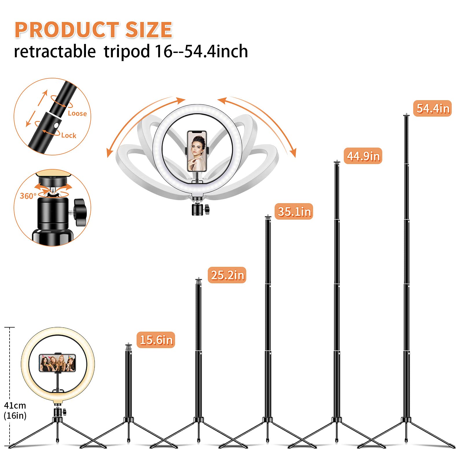 Deerfun LED Ring Light 54.4" Statyw Światło do Selfie 3 Tryby 10 Jasności Fotografia YouTube