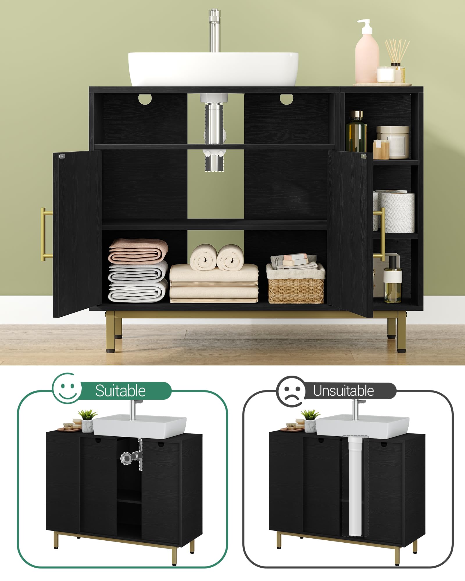Hzuaneri Mobile Sottolavabo per Bagno, Mobiletto da Bagno, 1 Cassetto 2 Ante, Scomparto Aperto con 3 Livelli, Scomparto regolabile, 30 x 80 x 64 cm, Nero BC28804G