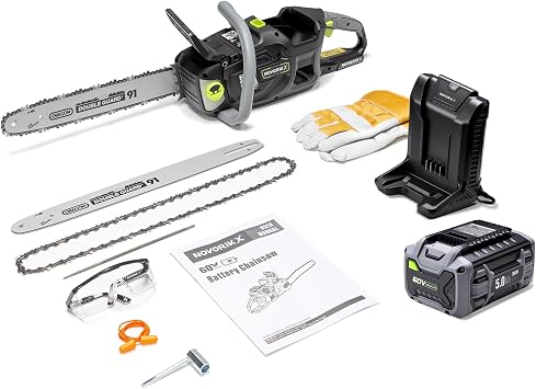NovorikX 60V Brushless Cordless Chainsaw, 18"&16" Electric Chain Saw with 5.0Ah Battery & Charger, Automatic Oiler, Tool-Free Tension for Tree Trimming & Wood Cutting 60V Chainsaw Black
