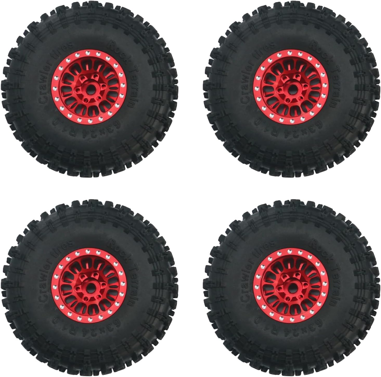 4Pcs Wheel and Tires Set 1.0" Beadlock Alloy Rims & 63×24mm RC Crawler Rock Terrain Rubber Tire for 1/18 TRX4M 1/24 Axial SCX24 Upgrade Part(Red)