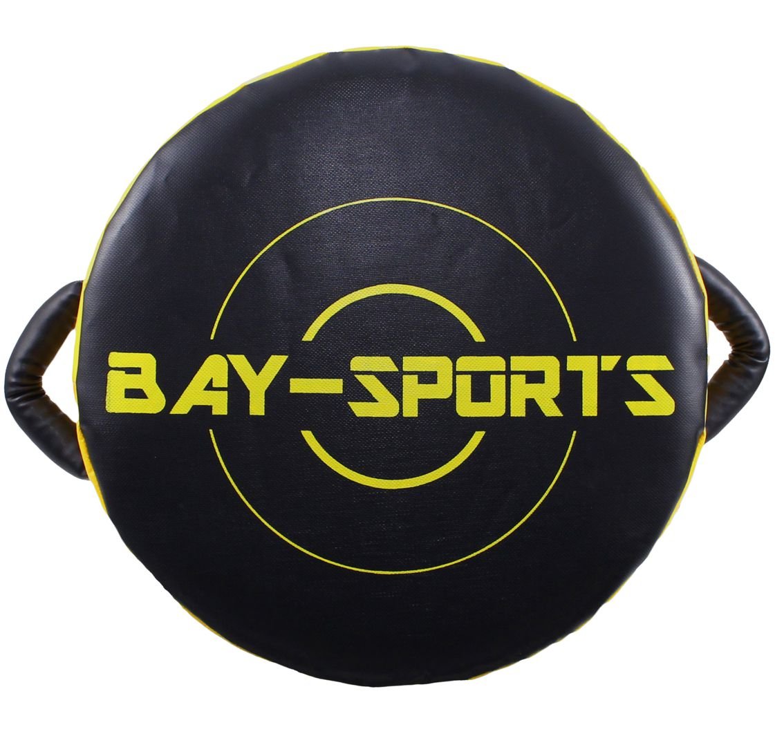 BAY® "UFO RUND 45 x 45 x 20 cm - SEHR STABIL- schwarz/gelb Leder PU Schlagpolster, Schlagkissen, Pratze Pratzen Bodyshield Kickboxen Thaiboxen Muay Thai