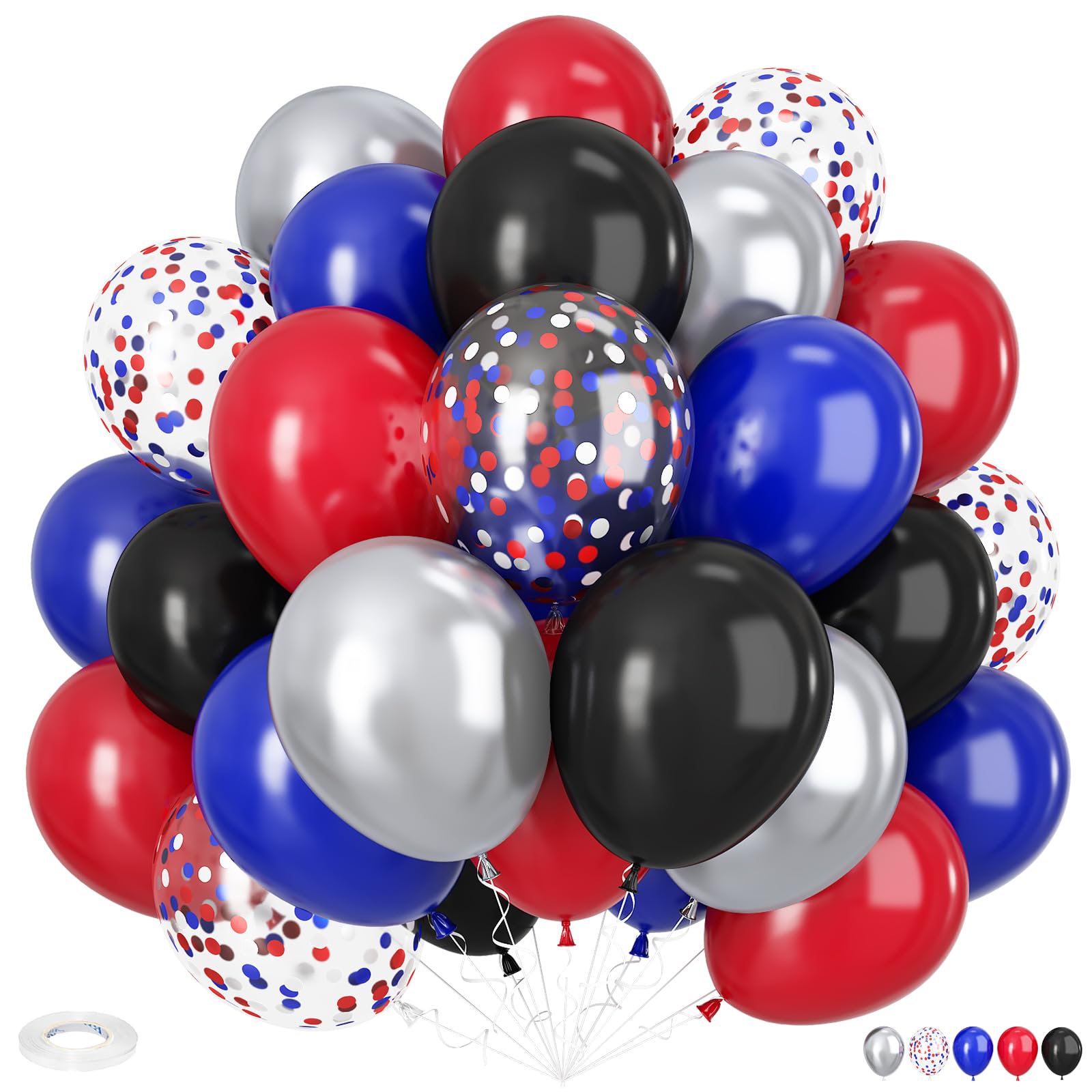 Red Blue Black Balloons, 12 Inch Red Black and Royal Blue Balloons, Metallic Silver and Blue Balloon Confetti Latex Balloon for Boys Cartoon Theme